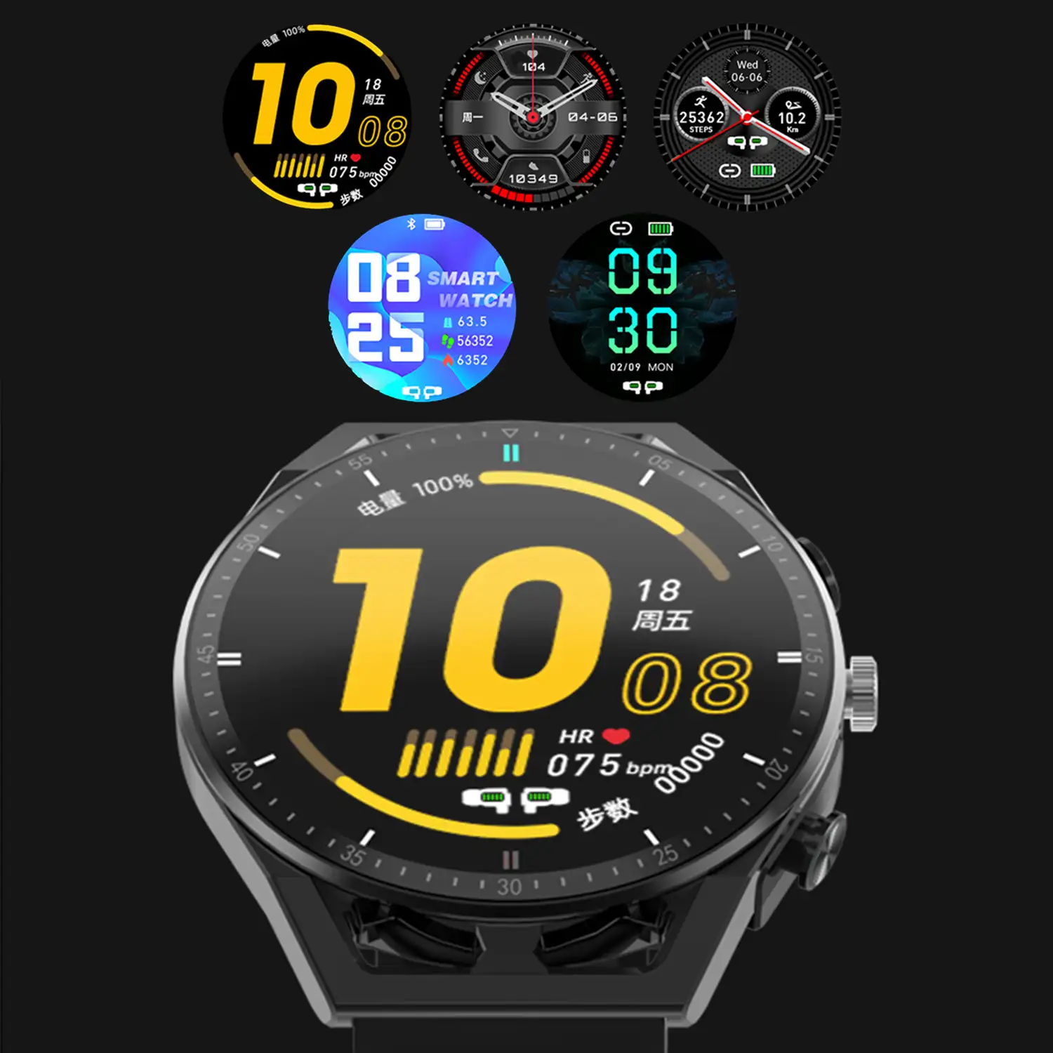 Smartwatch T120 con auriculares TWS integrados. Monitor cardiaco, de tensión y O2 en sangre, varios modos deportivos.