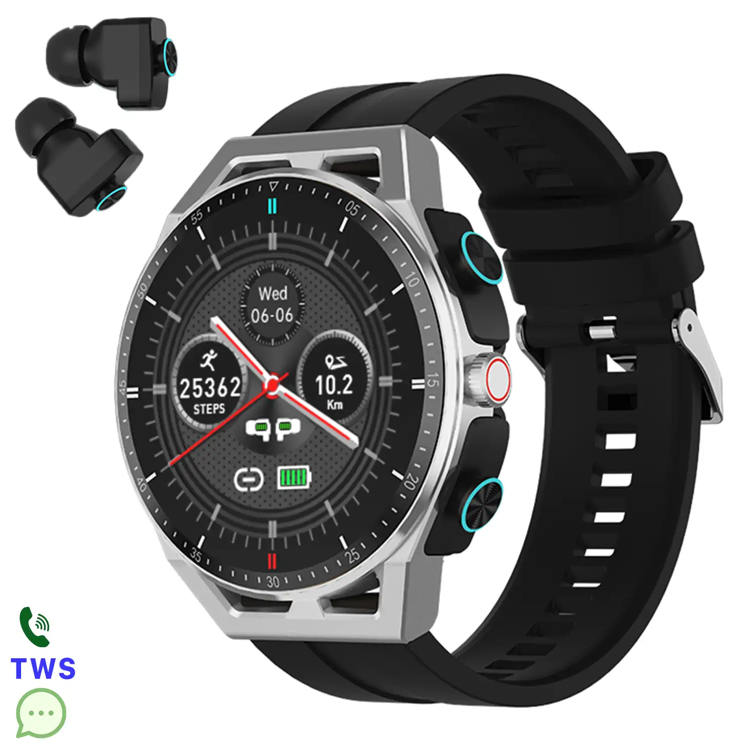 Smartwatch T120 con auriculares TWS integrados. Monitor cardiaco, de tensión y O2 en sangre, varios modos deportivos.