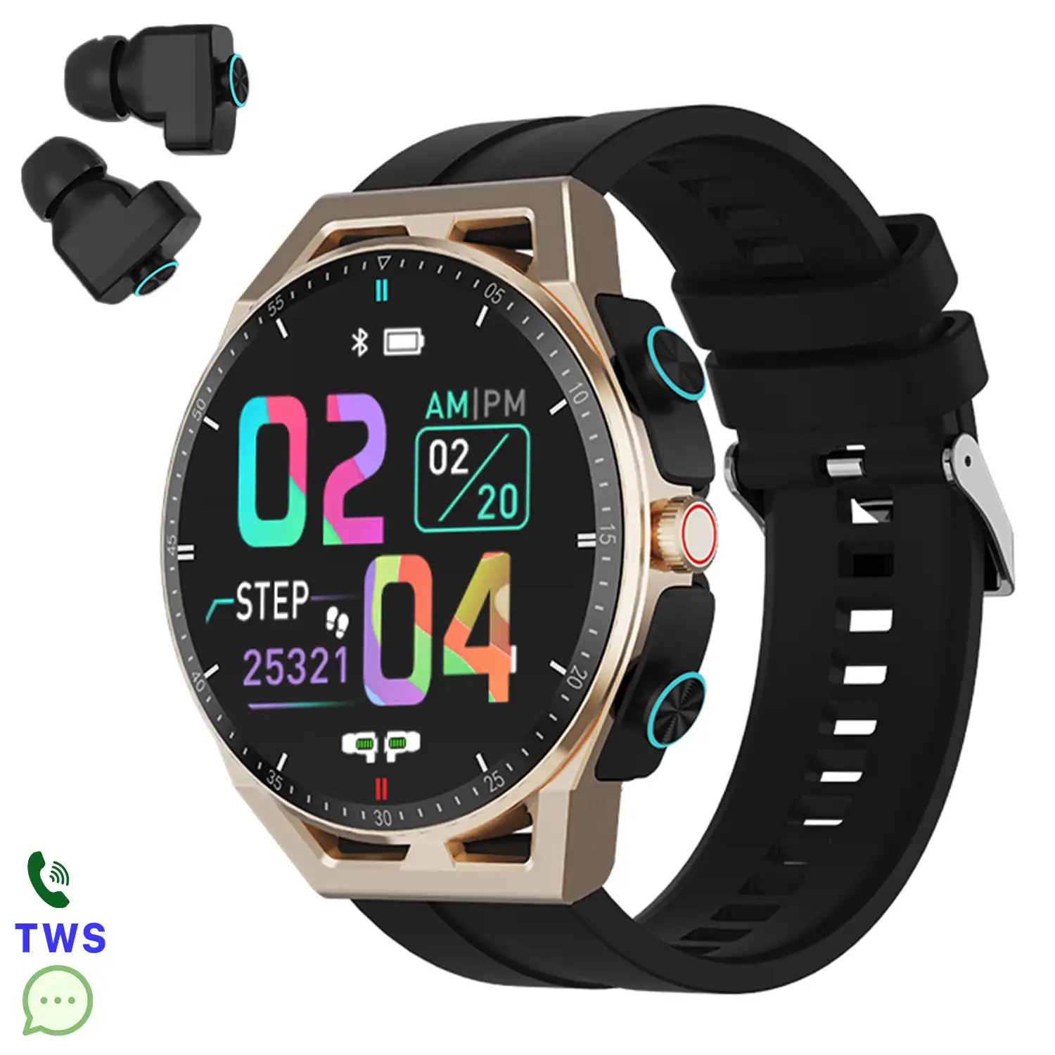 Smartwatch T120 con auriculares TWS integrados. Monitor cardiaco, de tensión y O2 en sangre, varios modos deportivos.
