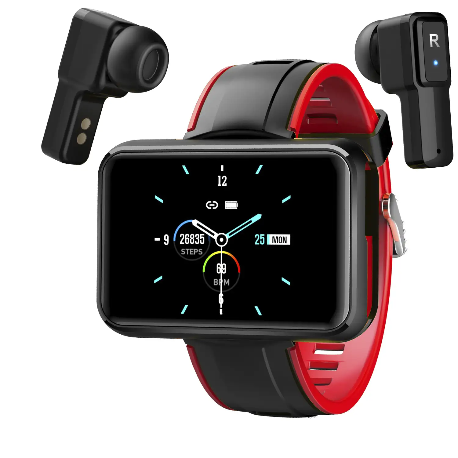 Smartwatch T91 con auriculares TWS integrados y pantalla panorámica. Monitor cardiaco y de tensión, varios modos deportivos.