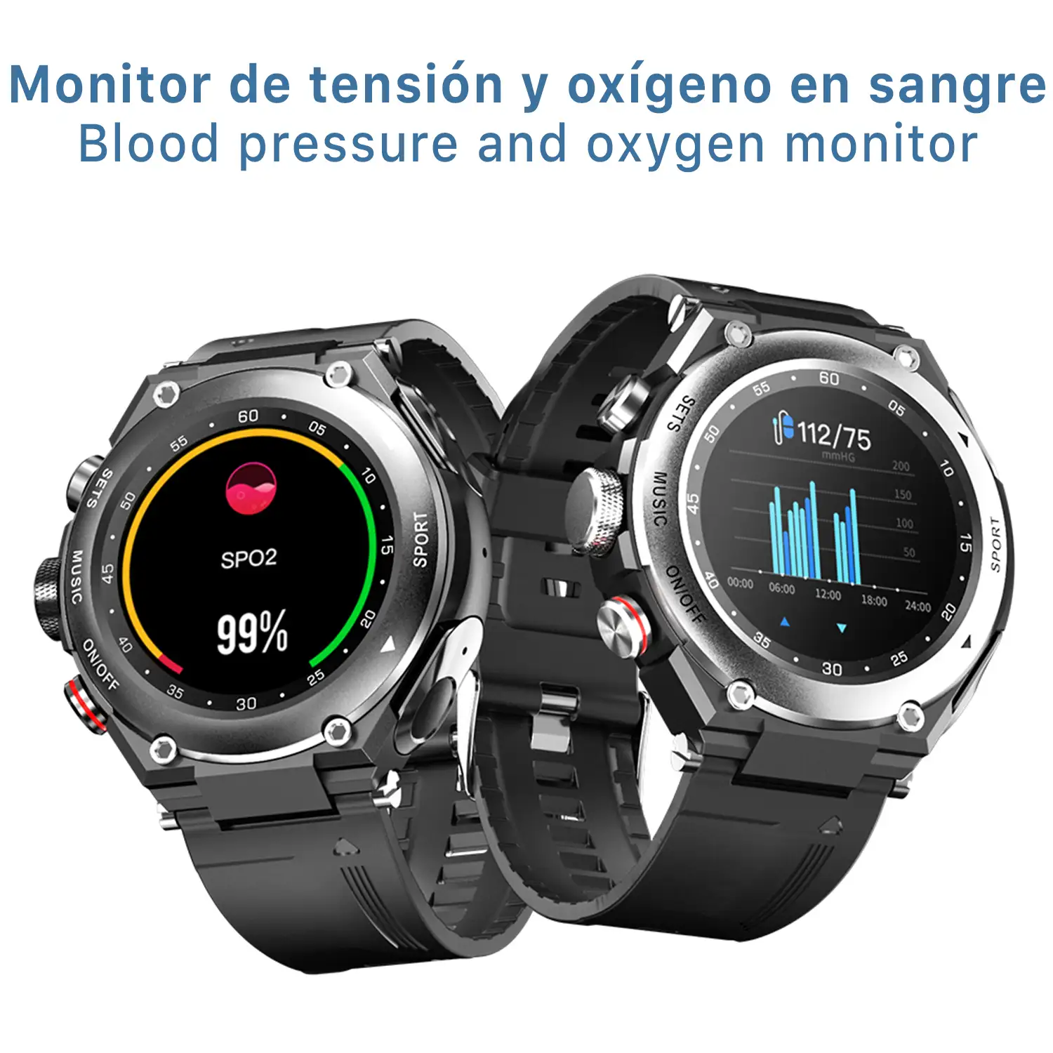 Smartwatch T92 con auriculares TWS integrados y memoria interna para música. Monitor cardiaco y de tensión, O2 en sangre, termómetro.
