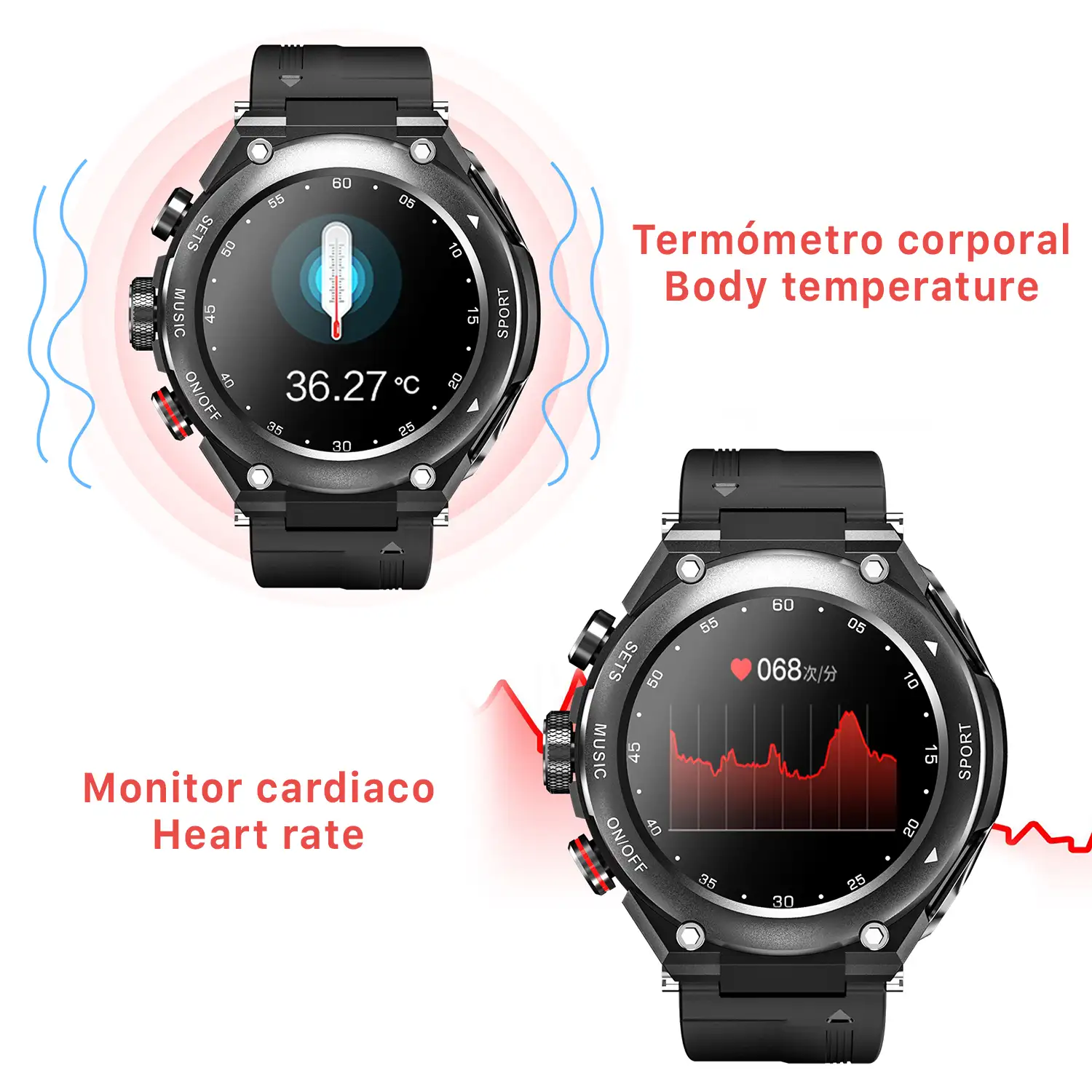 Smartwatch T92 con auriculares TWS integrados y memoria interna para música. Monitor cardiaco y de tensión, O2 en sangre, termómetro.