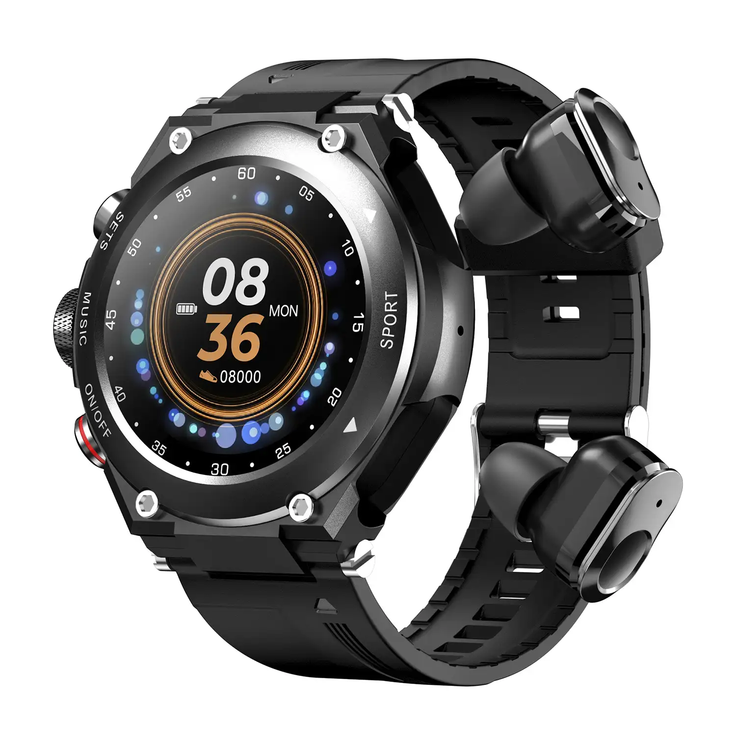 Smartwatch T92 con auriculares TWS integrados y memoria interna para música. Monitor cardiaco y de tensión, O2 en sangre, termómetro.