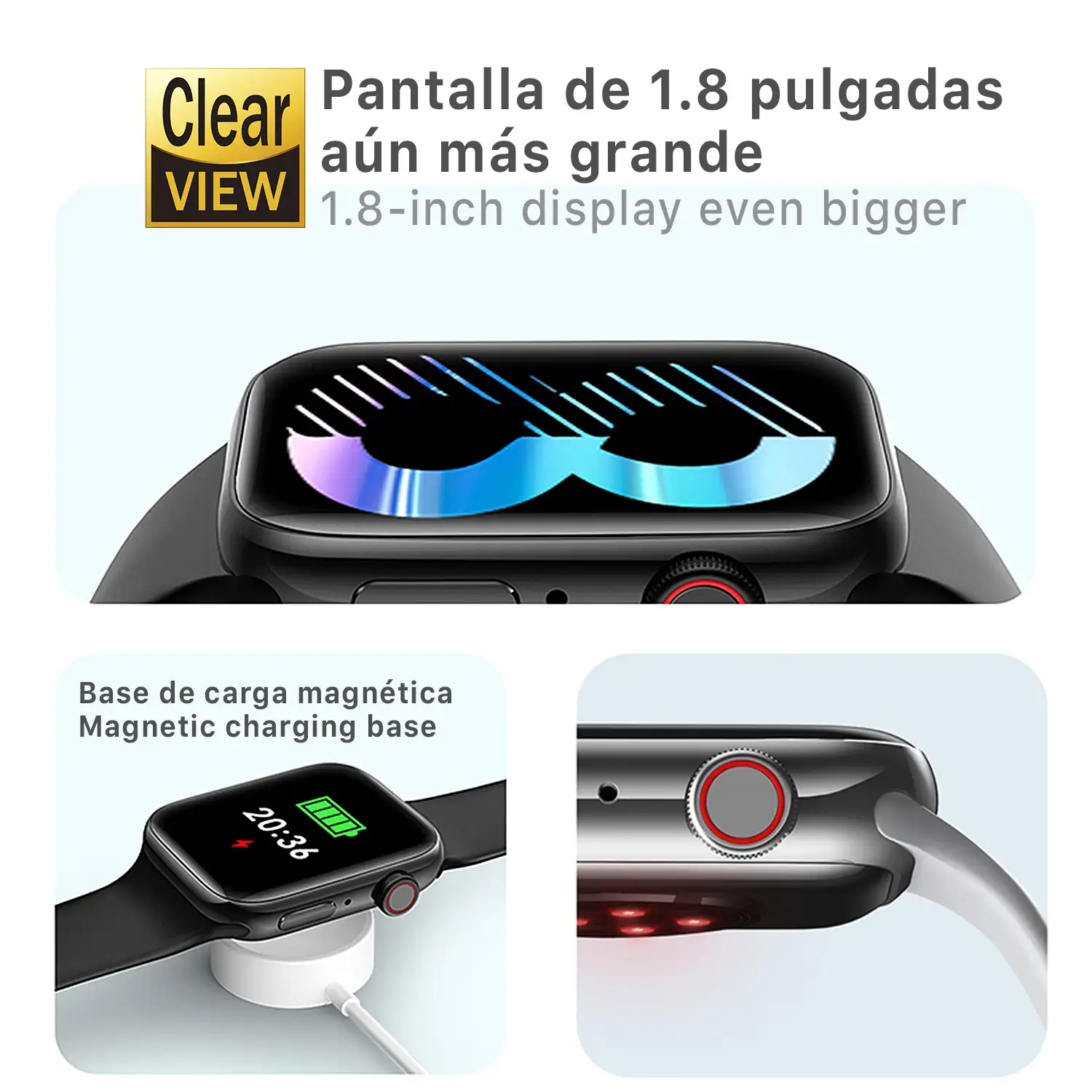 Smartwatch T900 Pro 8 con pantalla de 1,8 HR, monitor cardiaco y de O2 en sangre. Varios modos deportivos, notificaciones de apps.