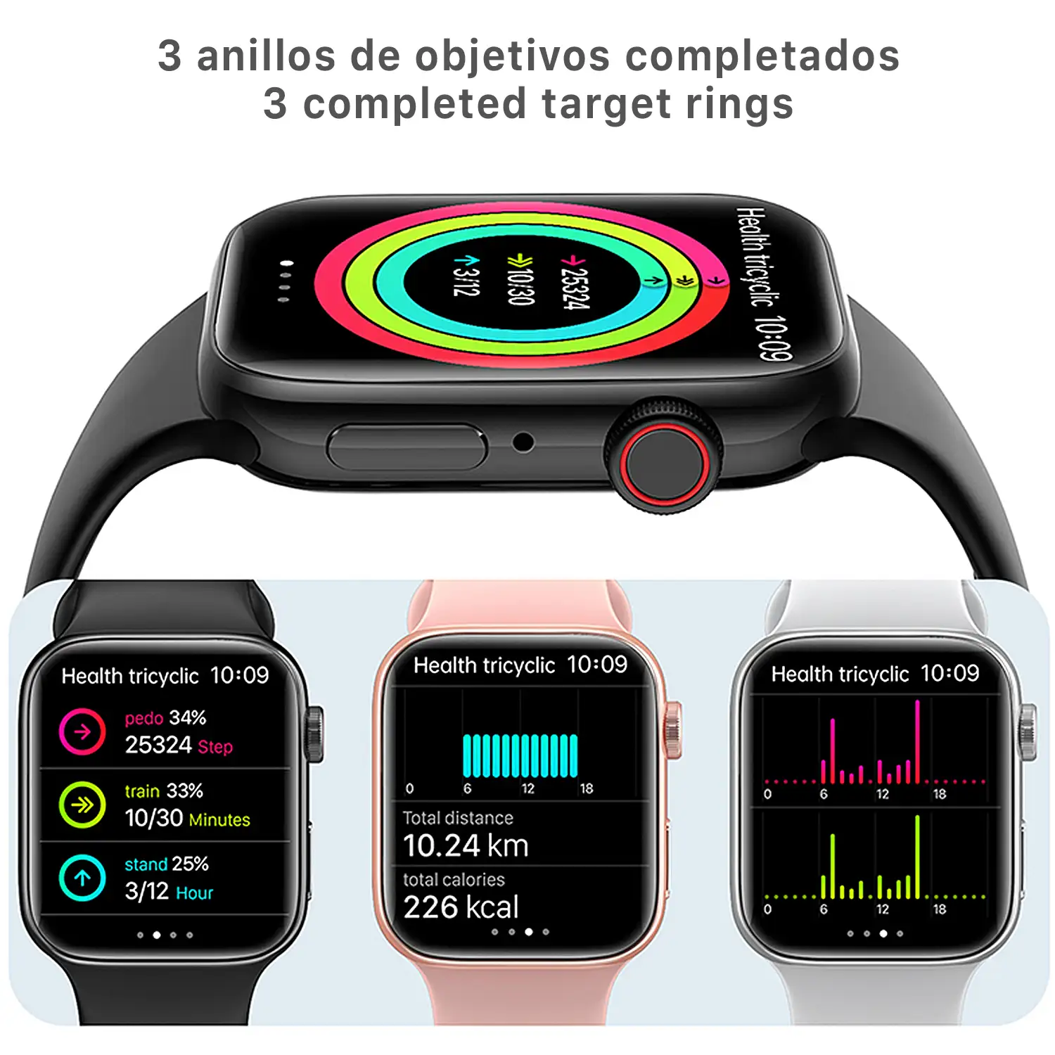 Smartwatch T900 Pro 8 con pantalla de 1,8 HR, monitor cardiaco y de O2 en sangre. Varios modos deportivos, notificaciones de apps.