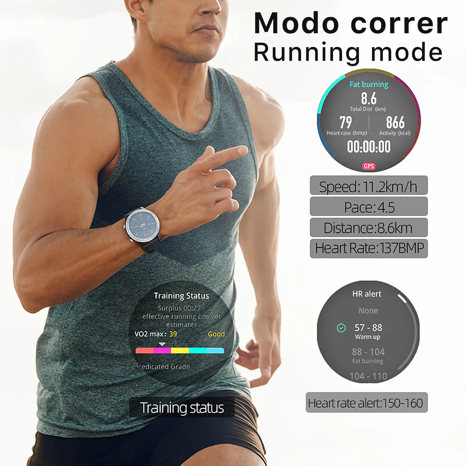 Smartwatch X1 con GPS, monitor cardiaco y de O2 en sangre, brújula. Varios modos deportivos, sumergible, notificaciones de apps.