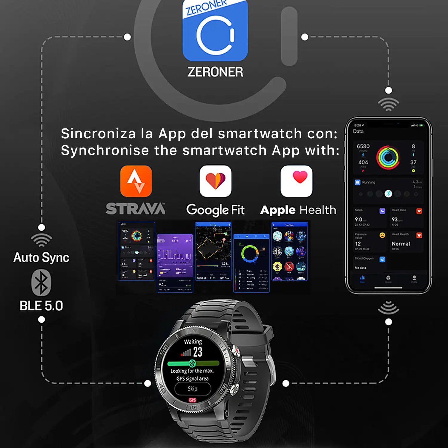 Smartwatch X1 con GPS, monitor cardiaco y de O2 en sangre, brújula. Varios modos deportivos, sumergible, notificaciones de apps.