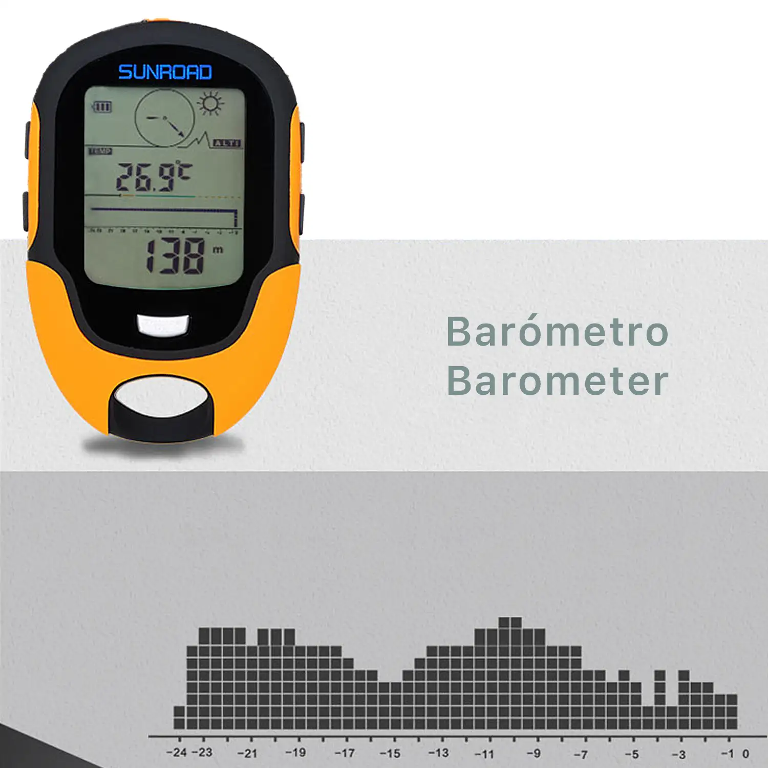 Altímetro digital de mano FR500, funciones de barómetro, brújula, termómetro e higrómetro.