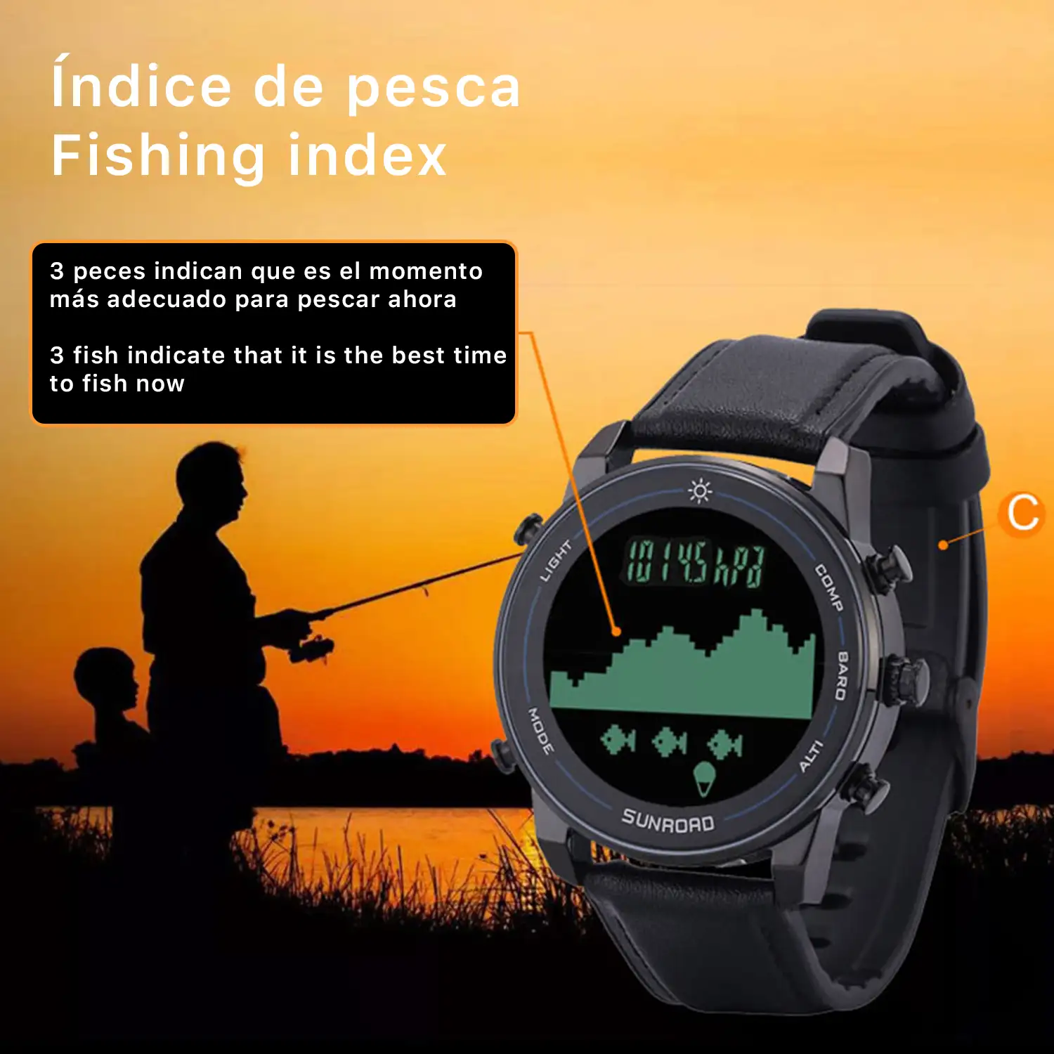Reloj de pesca FR861N con altímetro, barómetro y termómetro. Con podómetro, brújula electrónica de alta precisión. Sumergible 10 atm.