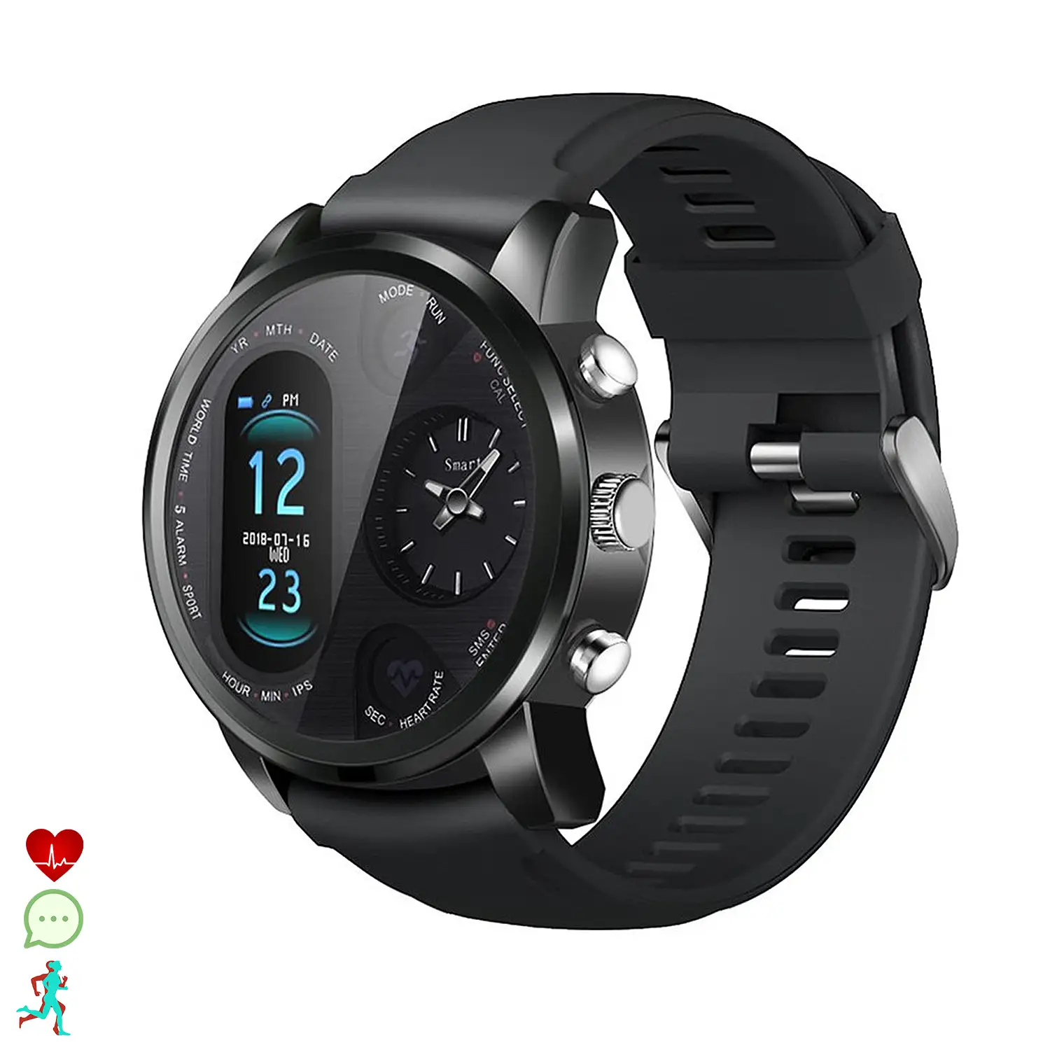 Smartwatch T36 con mecanismo tradicional de cuarzo + pantalla digital a color y funciones avanzadas.