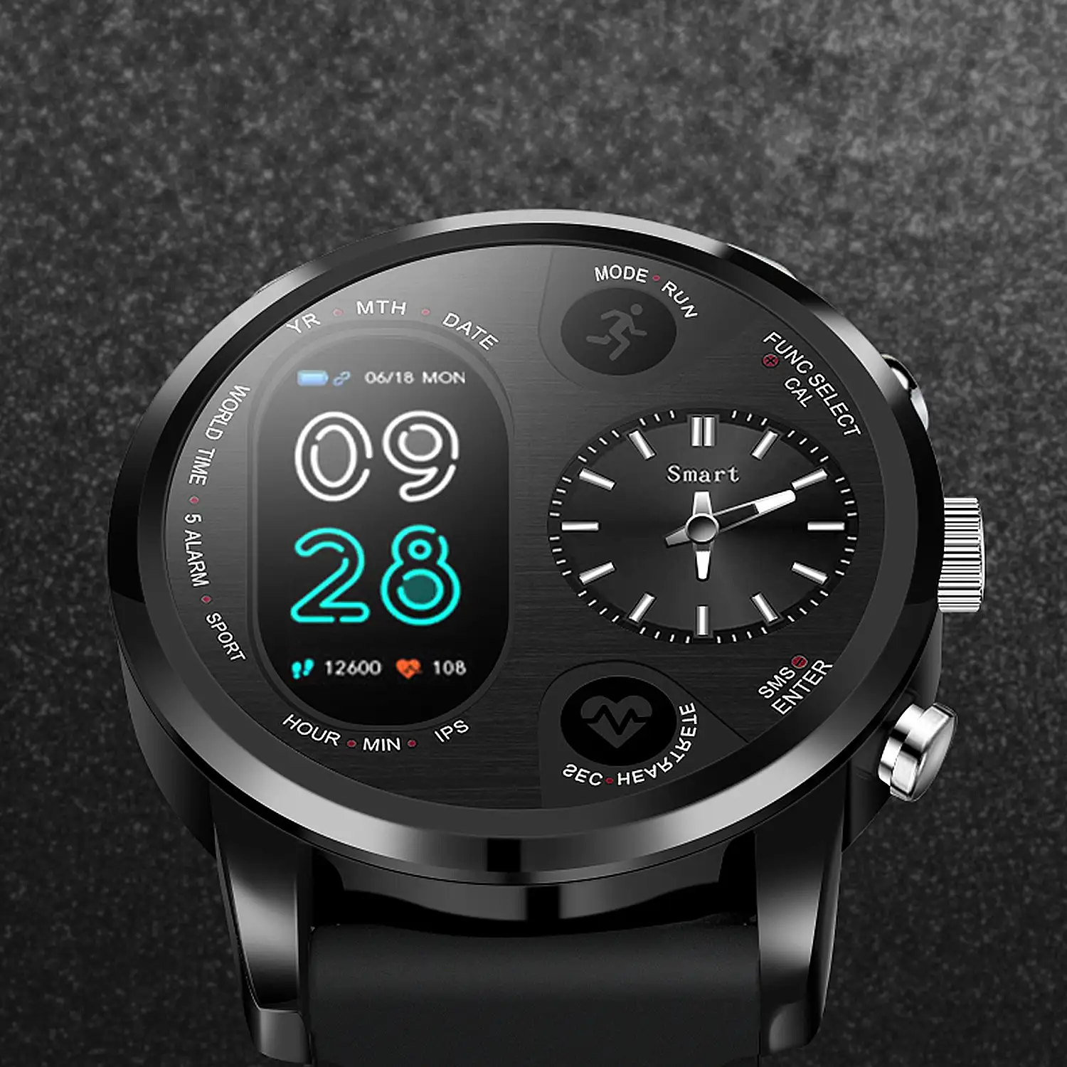 Smartwatch T36 con mecanismo tradicional de cuarzo + pantalla digital a color y funciones avanzadas.