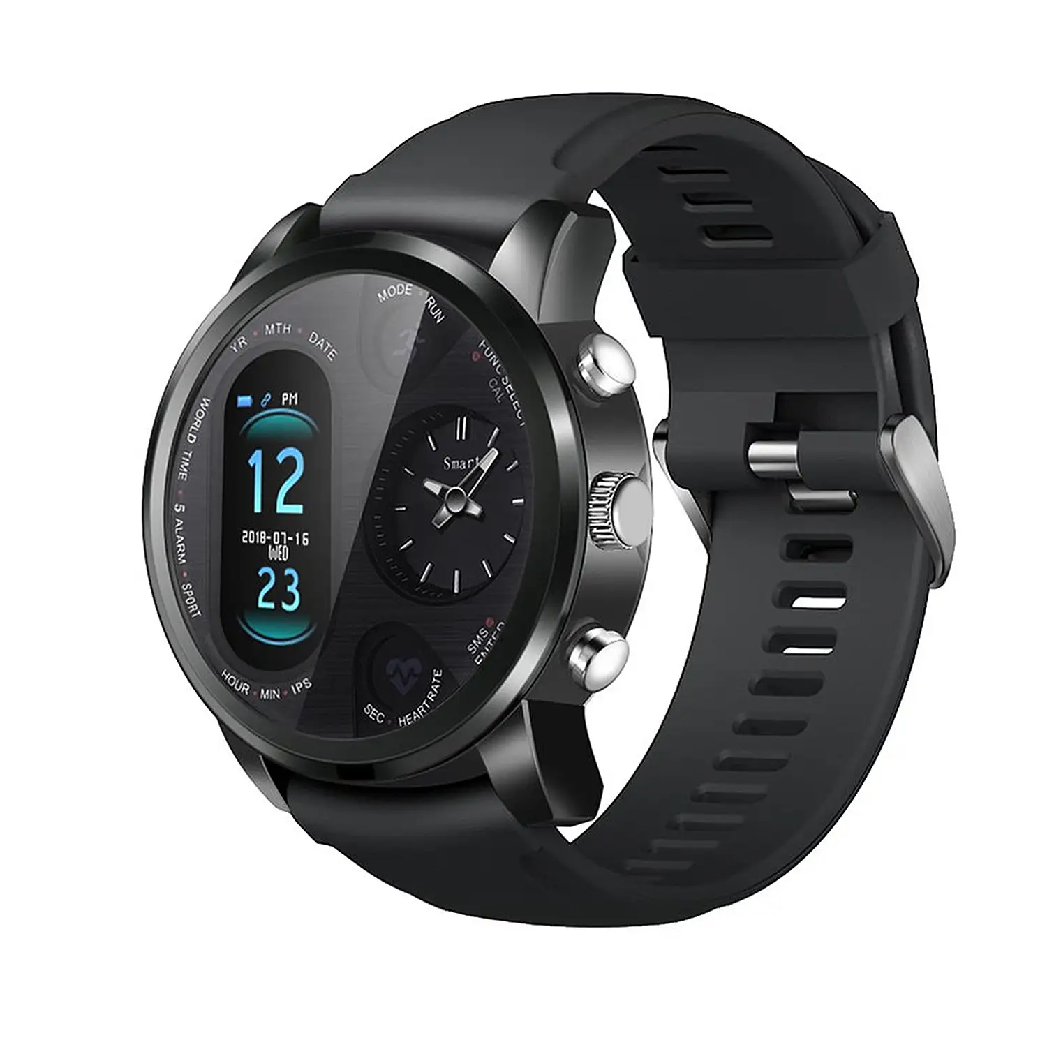 Smartwatch T36 con mecanismo tradicional de cuarzo + pantalla digital a color y funciones avanzadas.