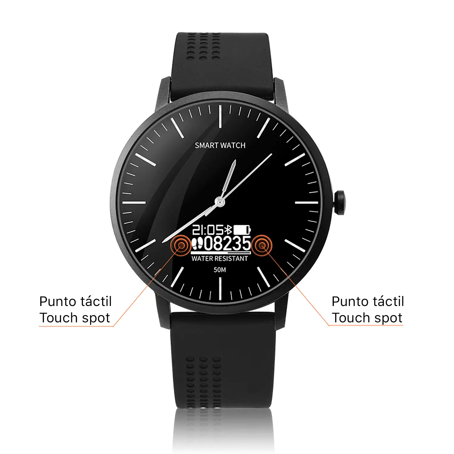 Smartwatch HD06 con mecanismo tradicional de cuarzo + pantalla digital y funciones avanzadas. Podómetro, monitor cardiaco.