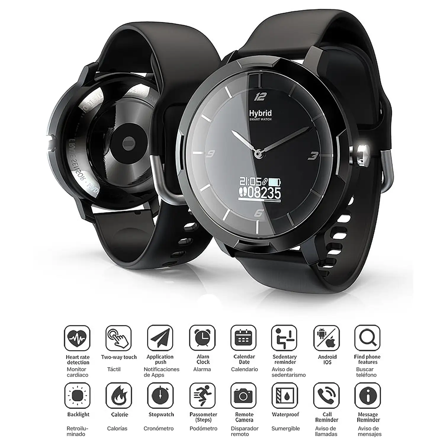 Smartwatch HD08 con mecanismo tradicional de cuarzo + pantalla digital y funciones avanzadas. Carcasa de fibra de carbono. Podómetro, monitor cardiaco.