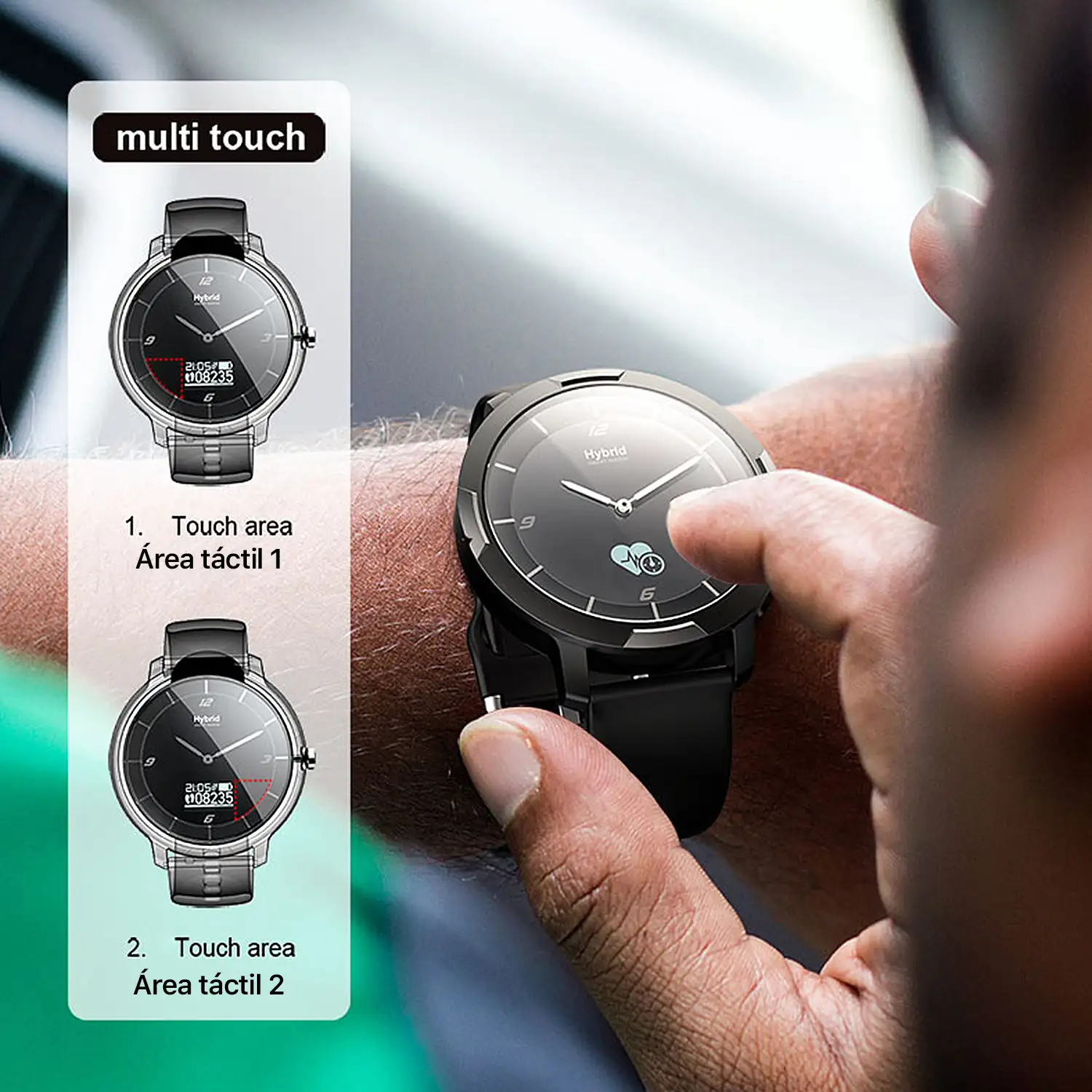 Smartwatch HD08 con mecanismo tradicional de cuarzo + pantalla digital y funciones avanzadas. Carcasa de fibra de carbono. Podómetro, monitor cardiaco.