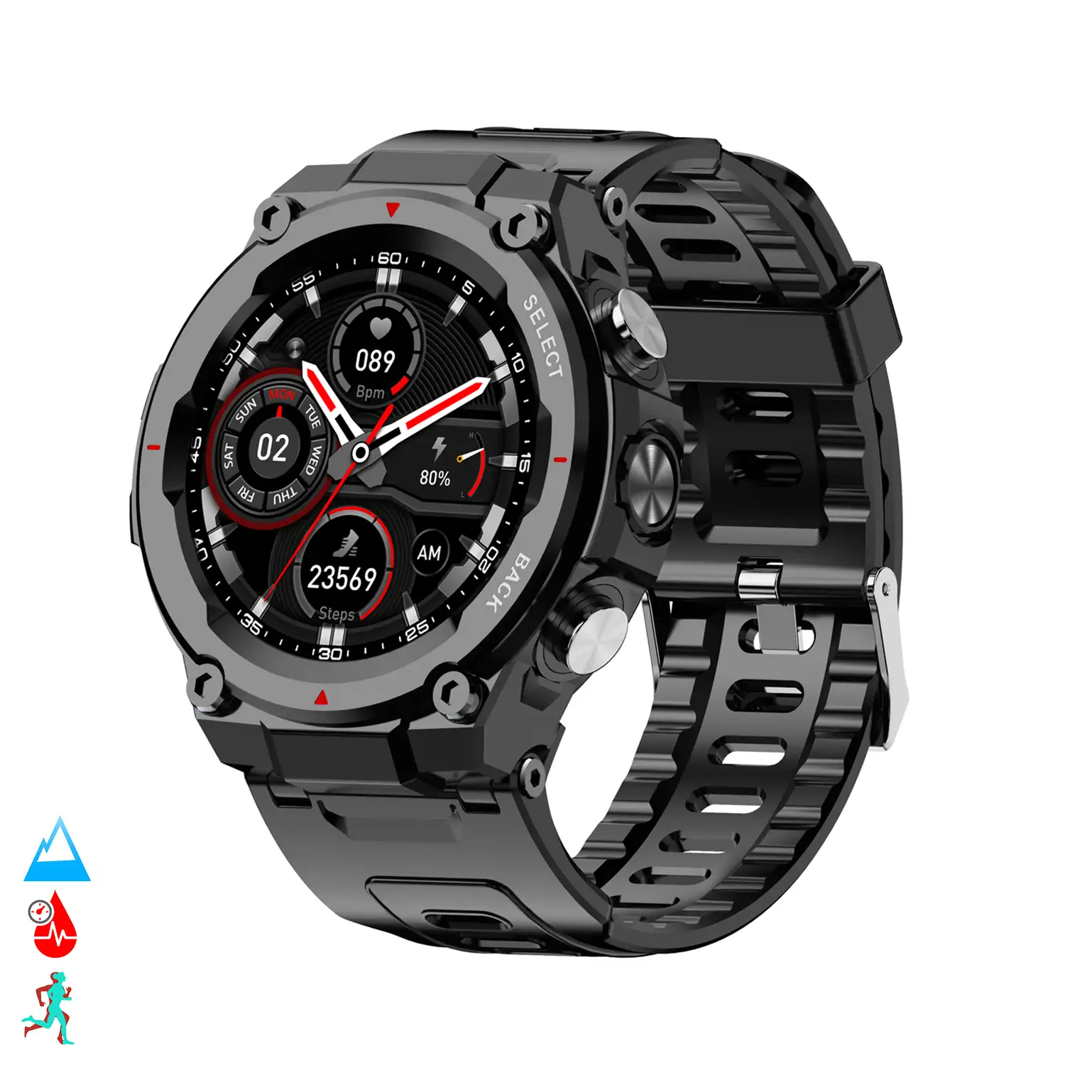 Smartwatch Q666K con bateria de 600mAh de larga duracion. Monitor cardiaco y de tension sumergible