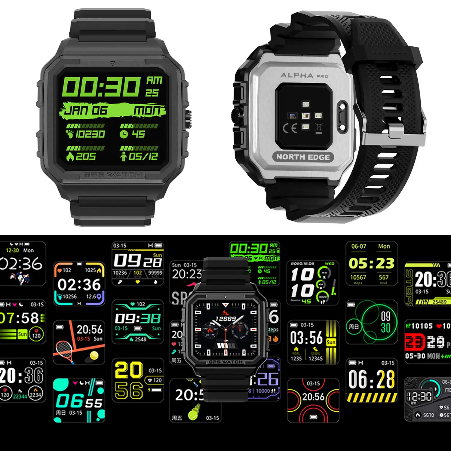 Smartwatch Alpha Pro con GPS, monitor cardiaco. Varios modos deportivos, notificaciones de apps.