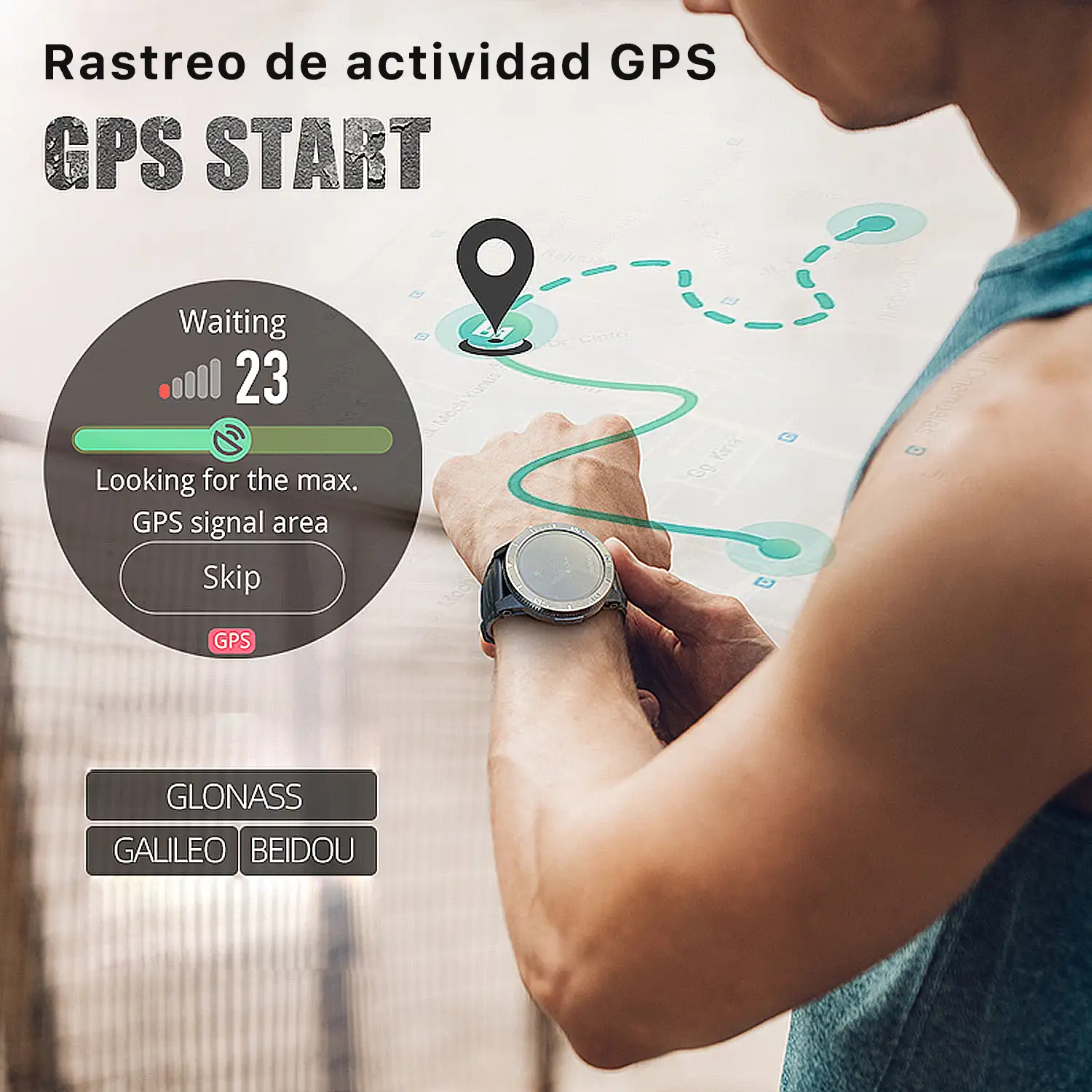 Smartwatch XTREK con GPS, monitor cardiaco y O2 en sangre. Batería de 580mAh. Varios modos deportivos, notificaciones de apps.