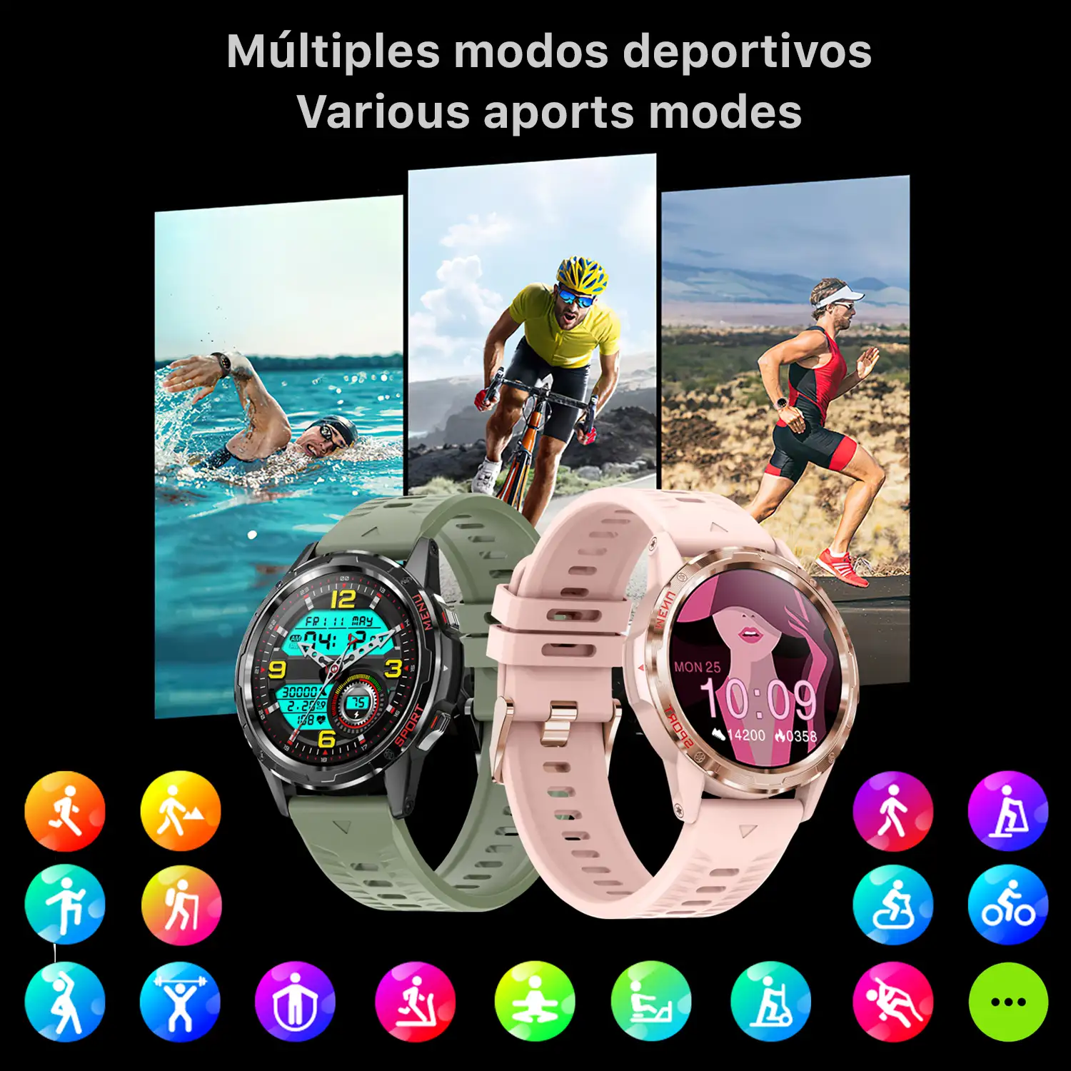 Smartwatch H70 con monitor cardiaco y de tensión. Más de 20 modos deportivos, notificaciones de apps.