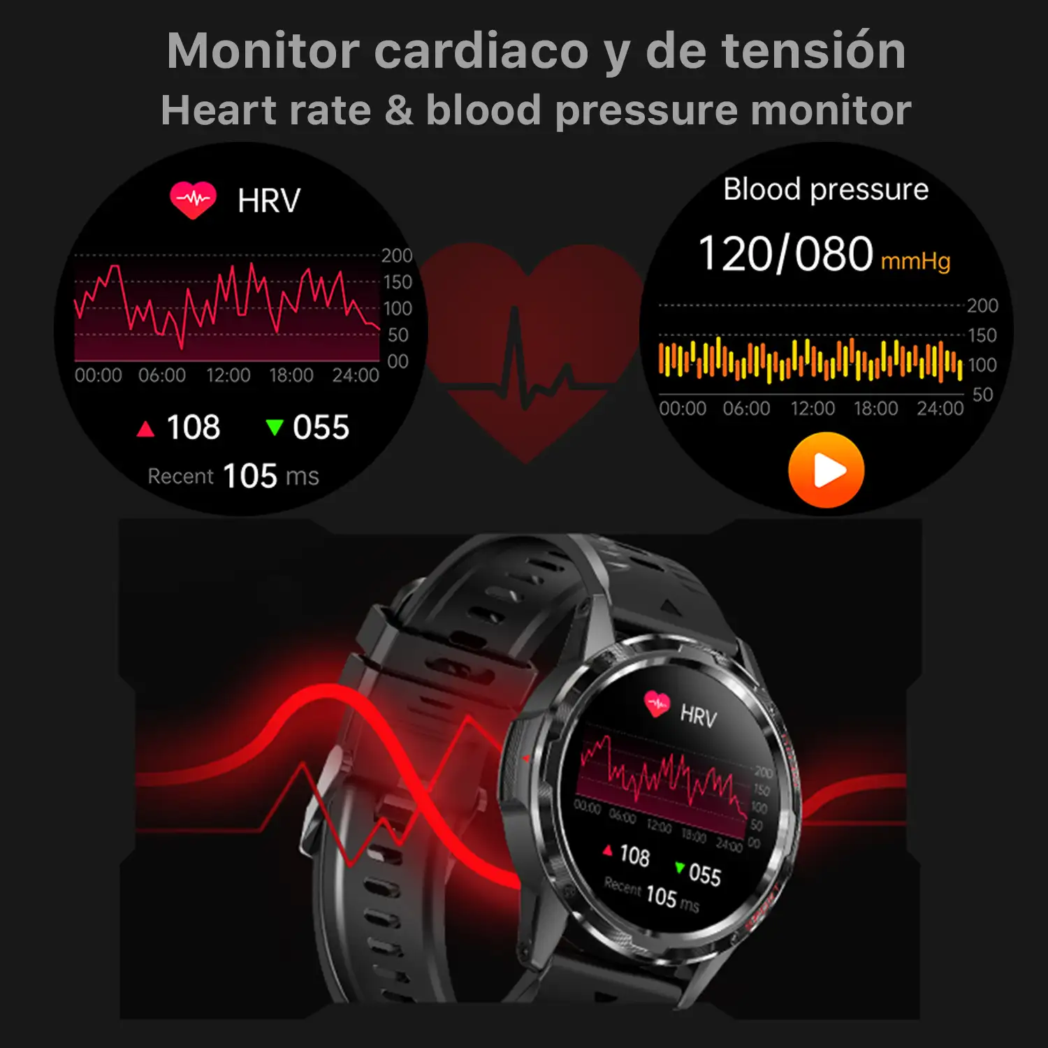 Smartwatch H70 con monitor cardiaco y de tensión. Más de 20 modos deportivos, notificaciones de apps.
