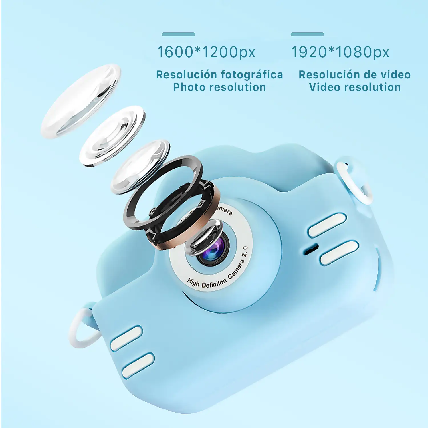 Cámara infantil A3x de fotos y video. 40mpx y video FHD. Cámara trasera para selfies, juegos incorporados.