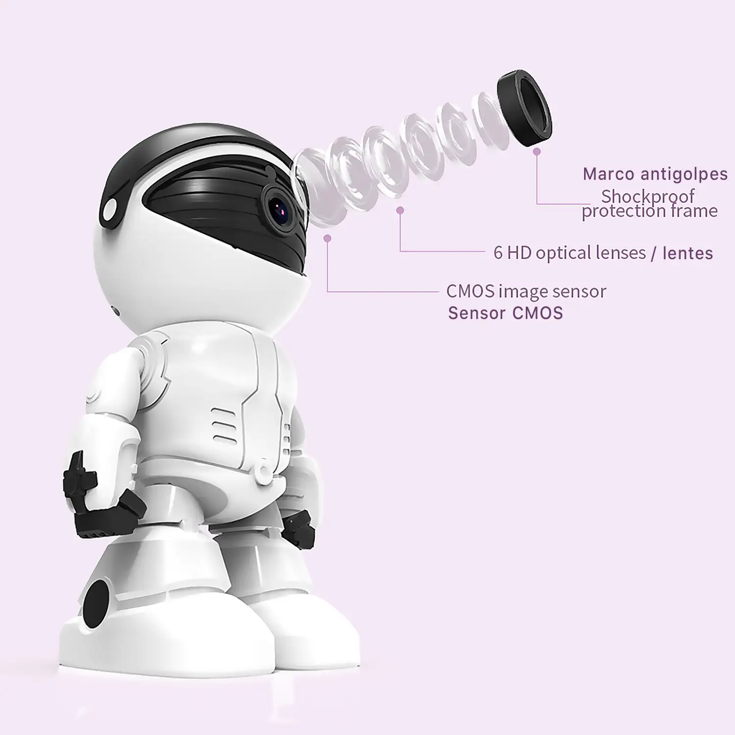 Cámara IP Wifi de vigilancia con movimiento horizontal y vertical, diseño robot. Visión nocturna. Comunicación de 2 vías.