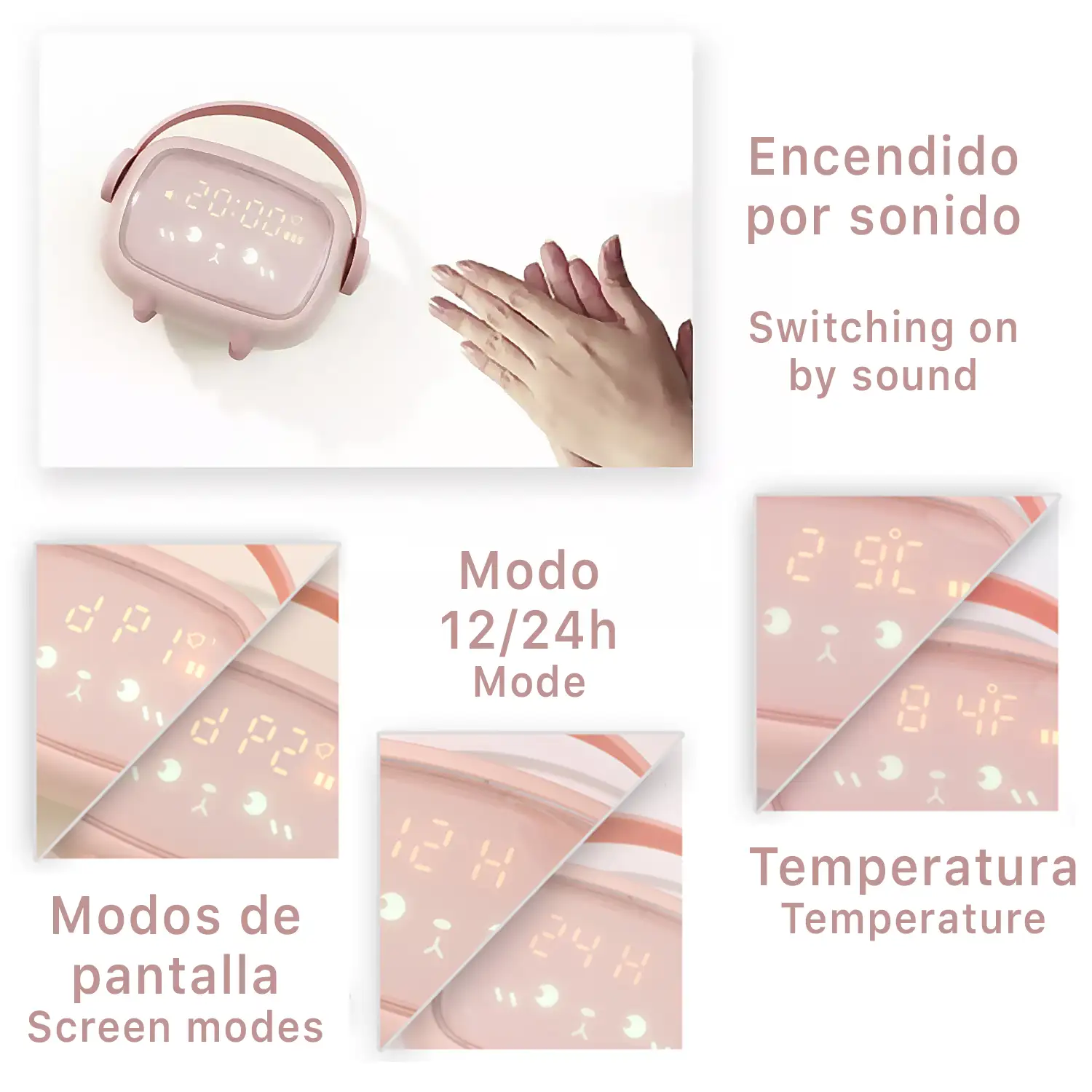 Reloj despertador infantil con luz, para entrenar el sueño, termómetro. Batería recargable.