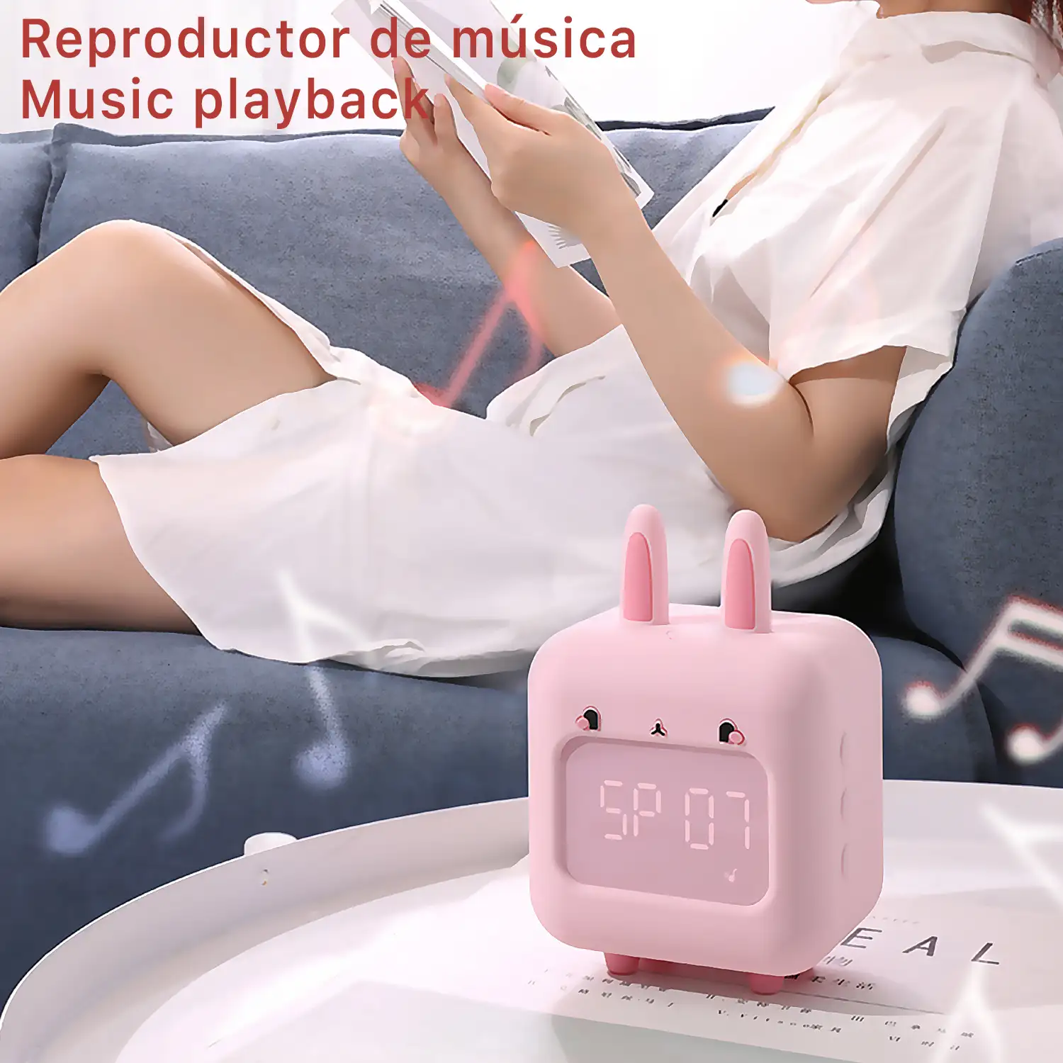 Reloj despertador infantil Conejito con luz LED nocturna. Música ambiental para dormir. Batería recargable.