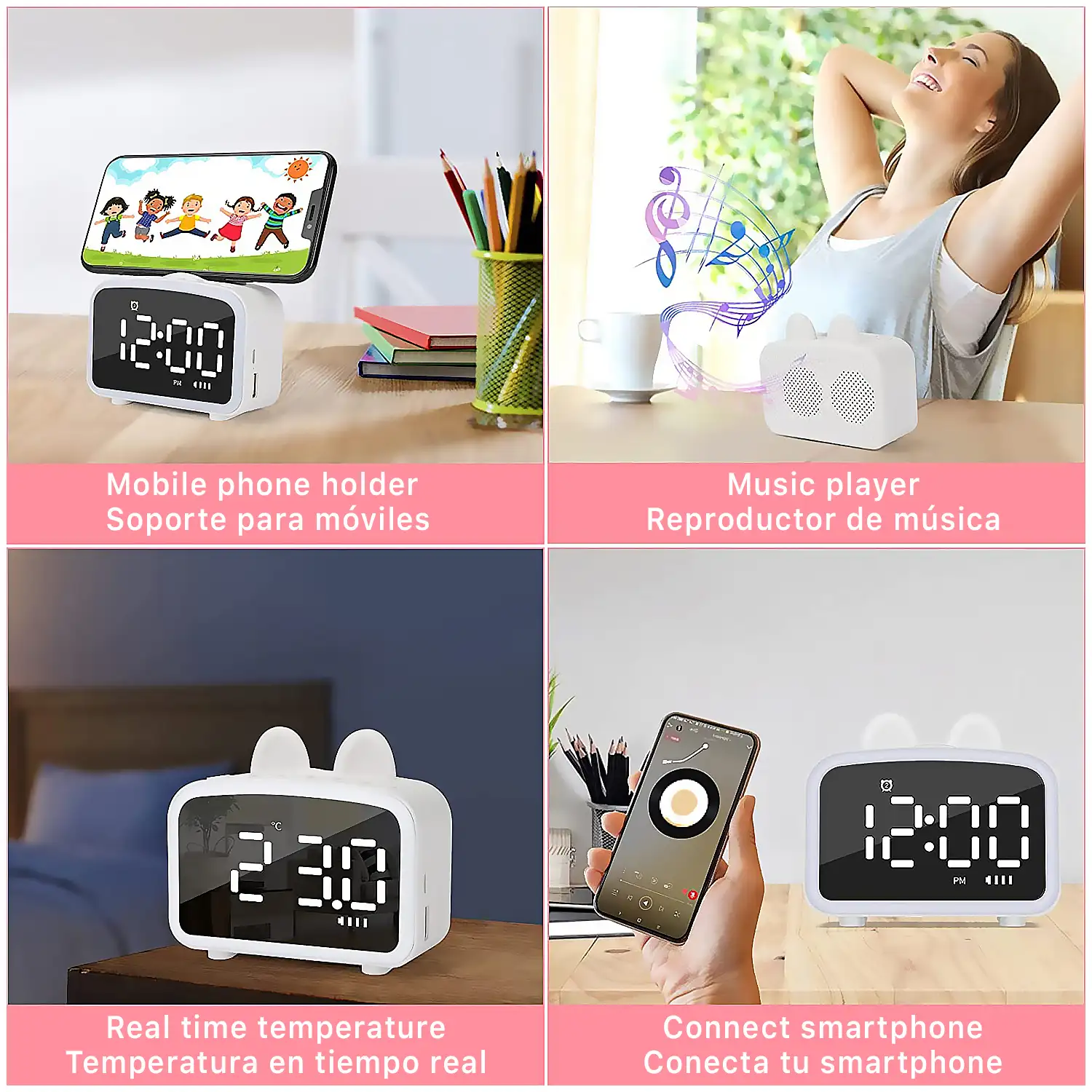 Reloj despertador LCD con luz nocturna, altavoz Bluetooth incorporado, termómetro, radio, soporte de smartphone. Batería recargable.