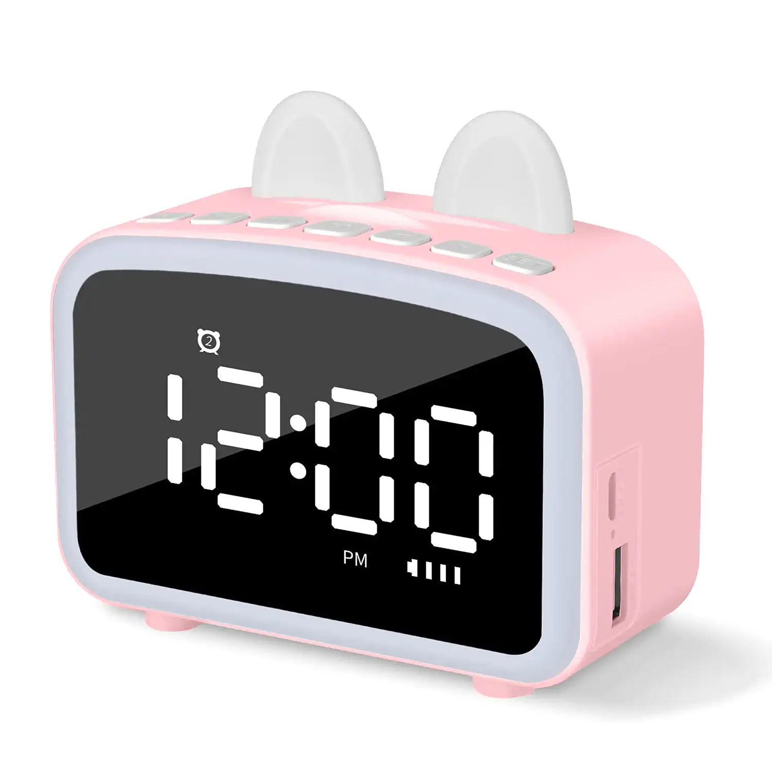 Reloj despertador LCD con luz nocturna, altavoz Bluetooth incorporado, termómetro, radio, soporte de smartphone. Batería recargable.