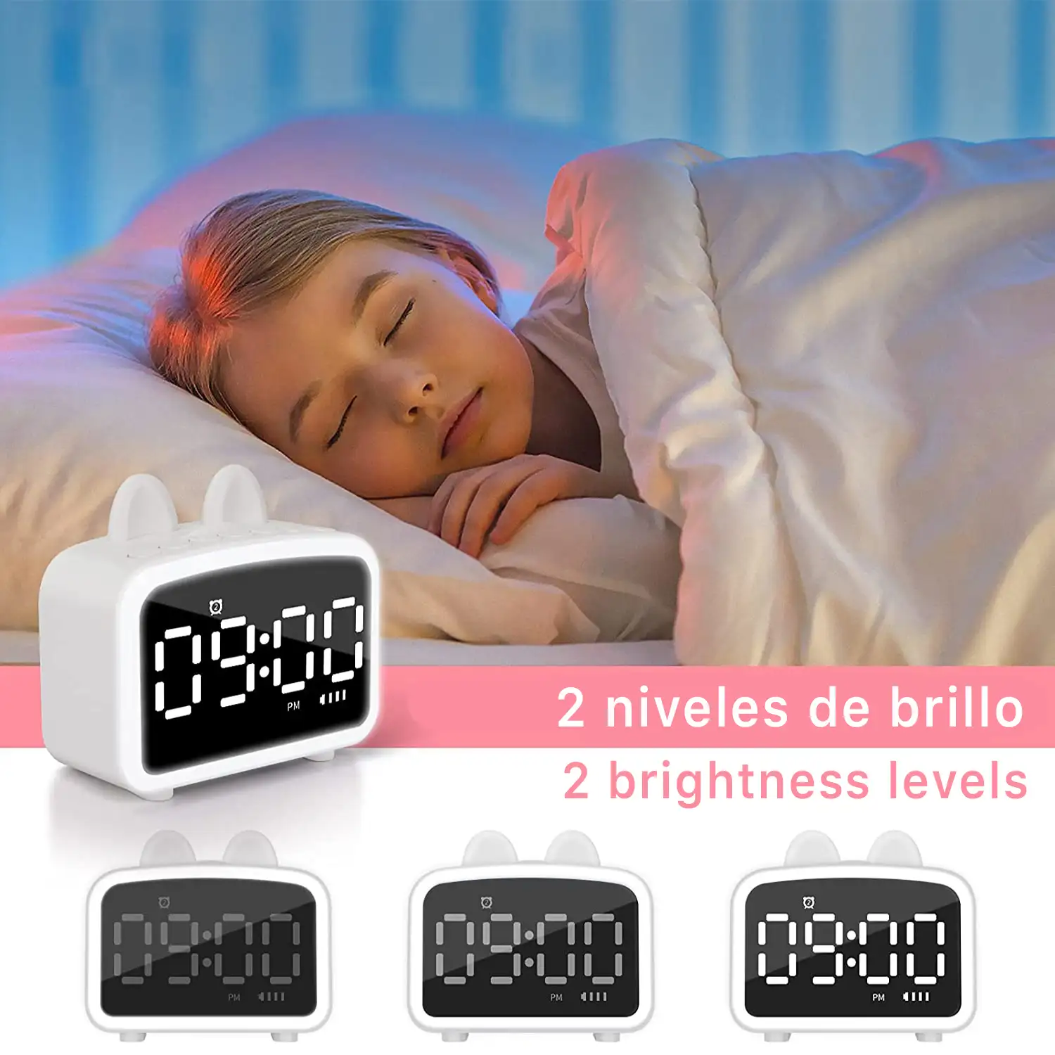 Reloj despertador LCD con luz nocturna, altavoz Bluetooth incorporado, termómetro, radio, soporte de smartphone. Batería recargable.