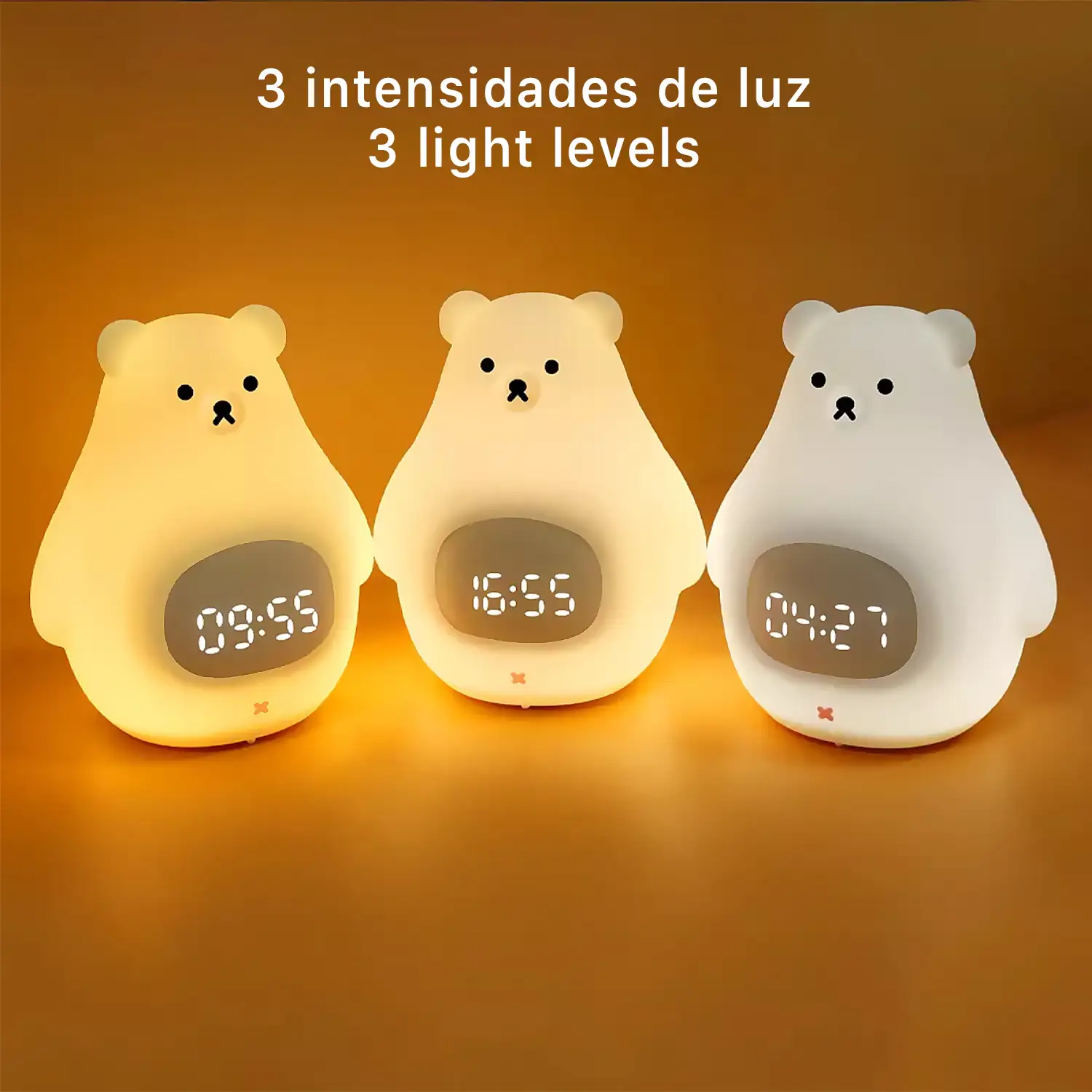 Reloj despertador con luz nocturna infantil, intensidad regulable. Diseño Oso Polar.