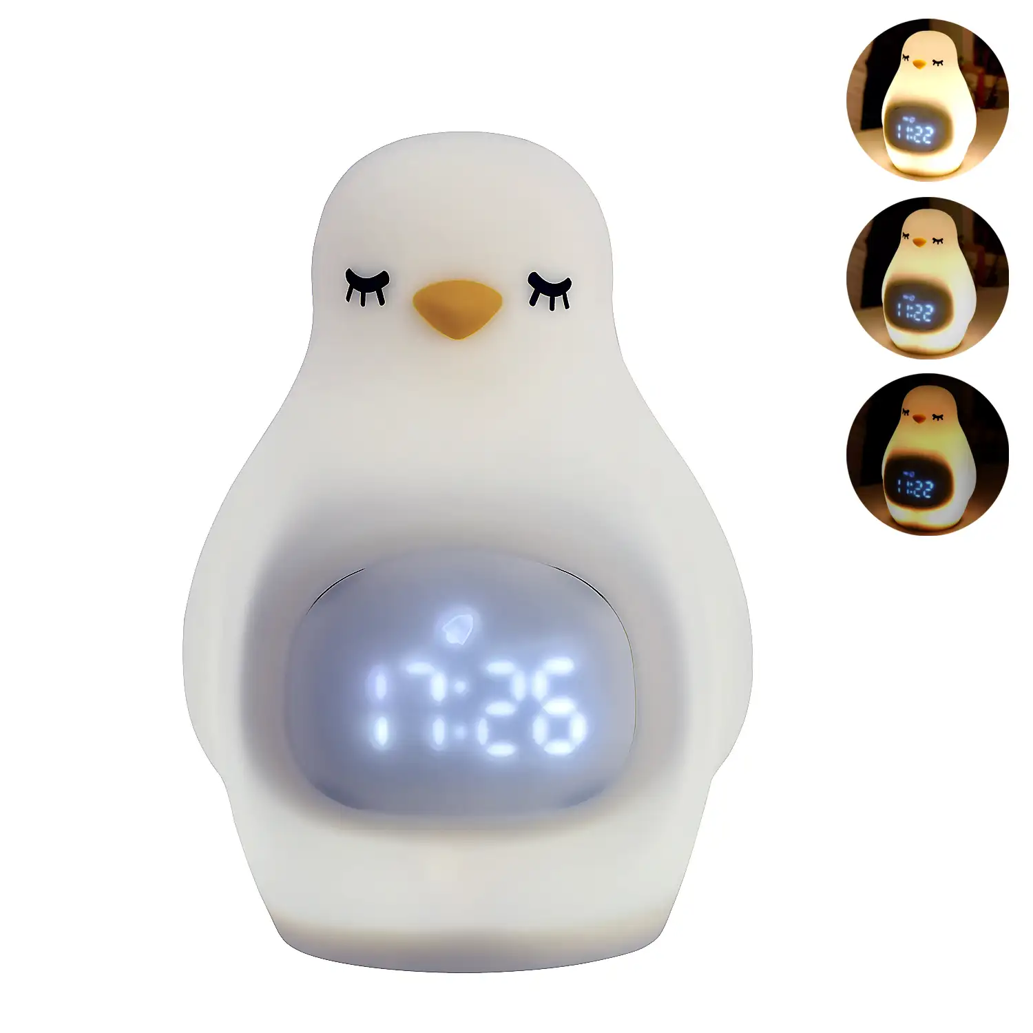 Reloj despertador con luz nocturna infantil, intensidad regulable. Diseño Pingüino.