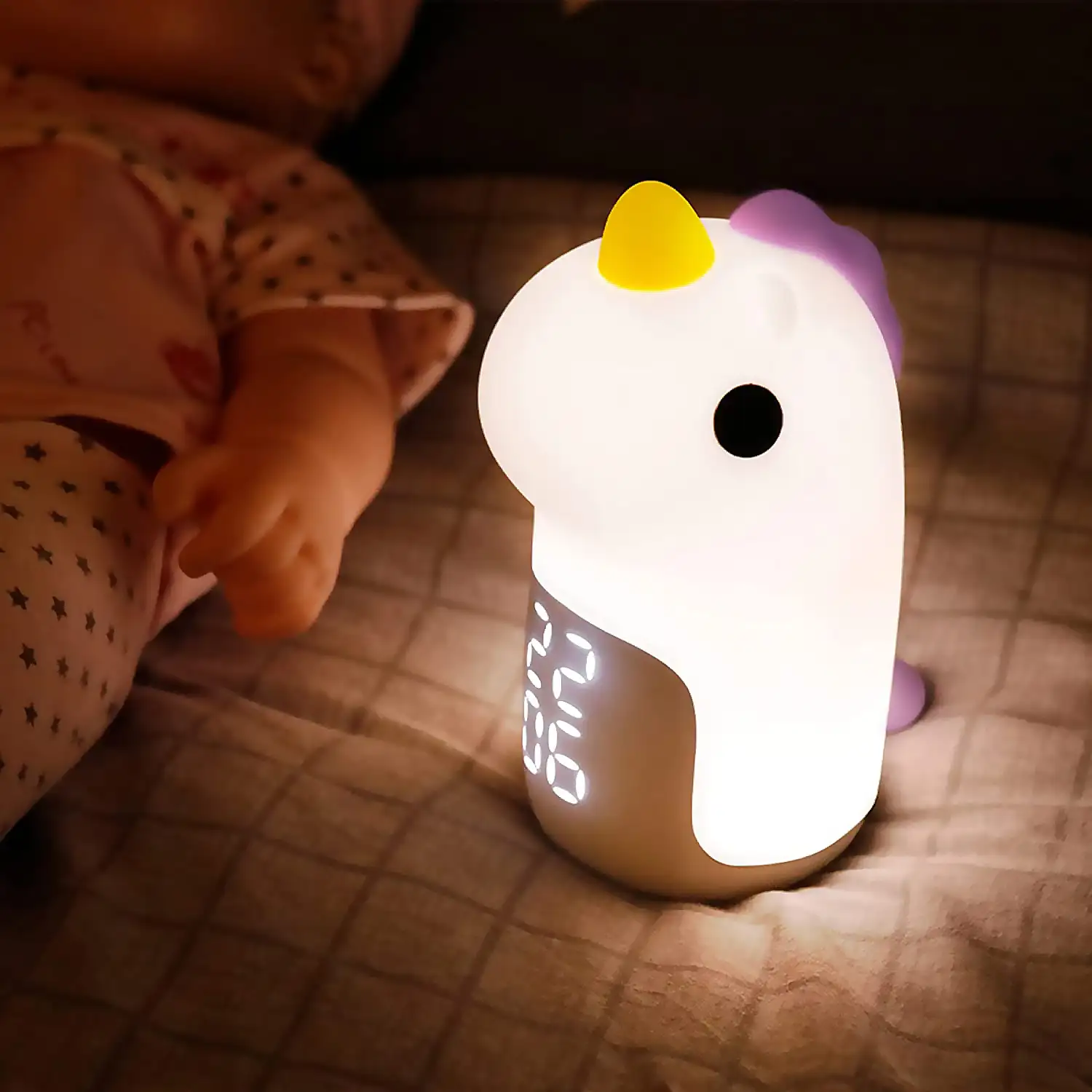 Reloj despertador con luz nocturna infantil, intensidad regulable. Diseño Unicornio azul.