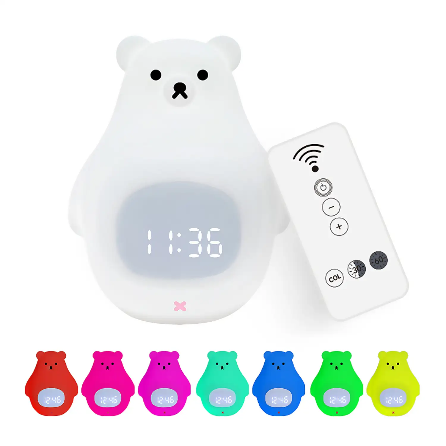 Reloj despertador con luz nocturna infantil. Luz led multicolor RGB, control con mando a distancia. Diseño Oso Polar.