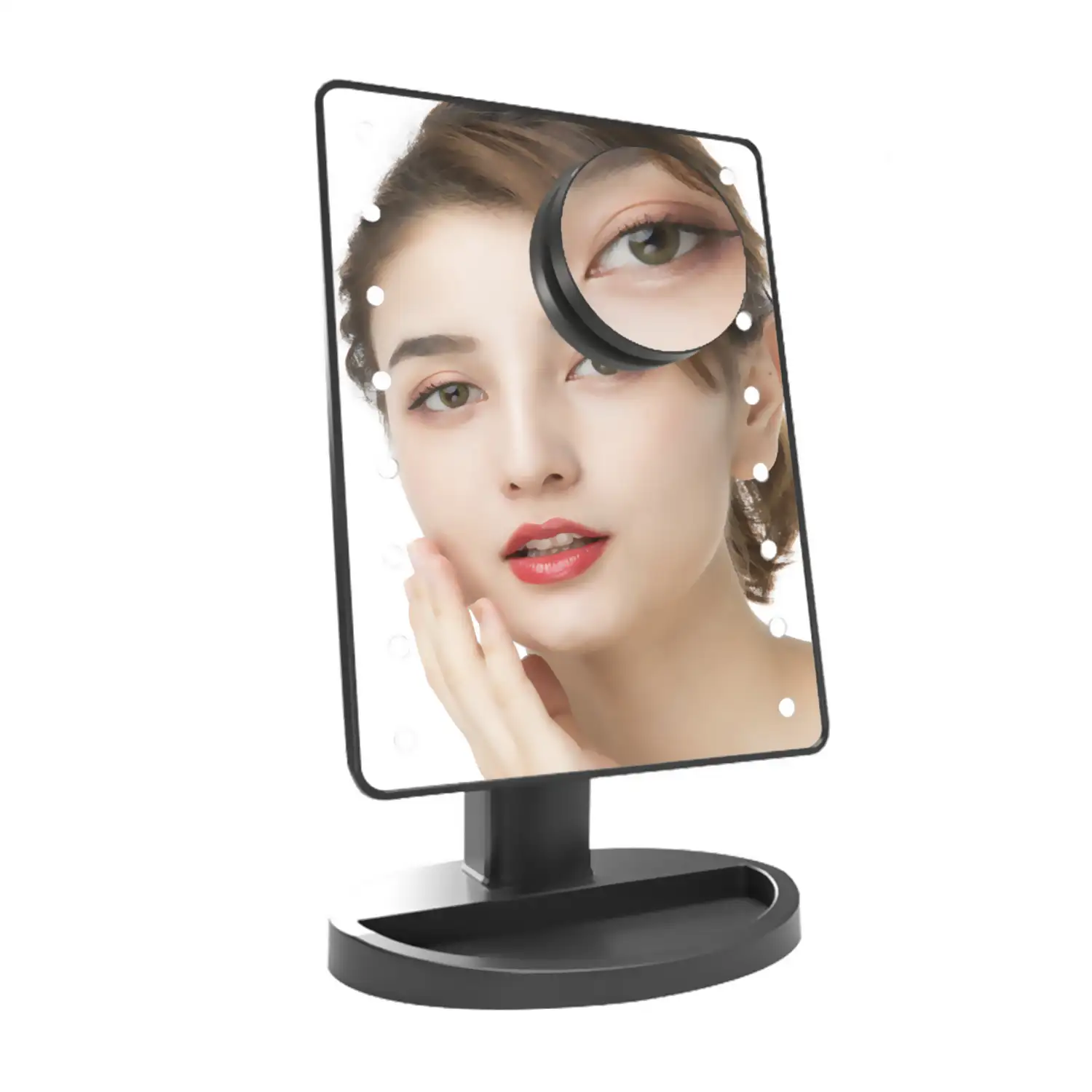Espejo de maquillaje con 16 luces LED. Mini espejo auxiliar. Sensor táctil, rotación 180°.