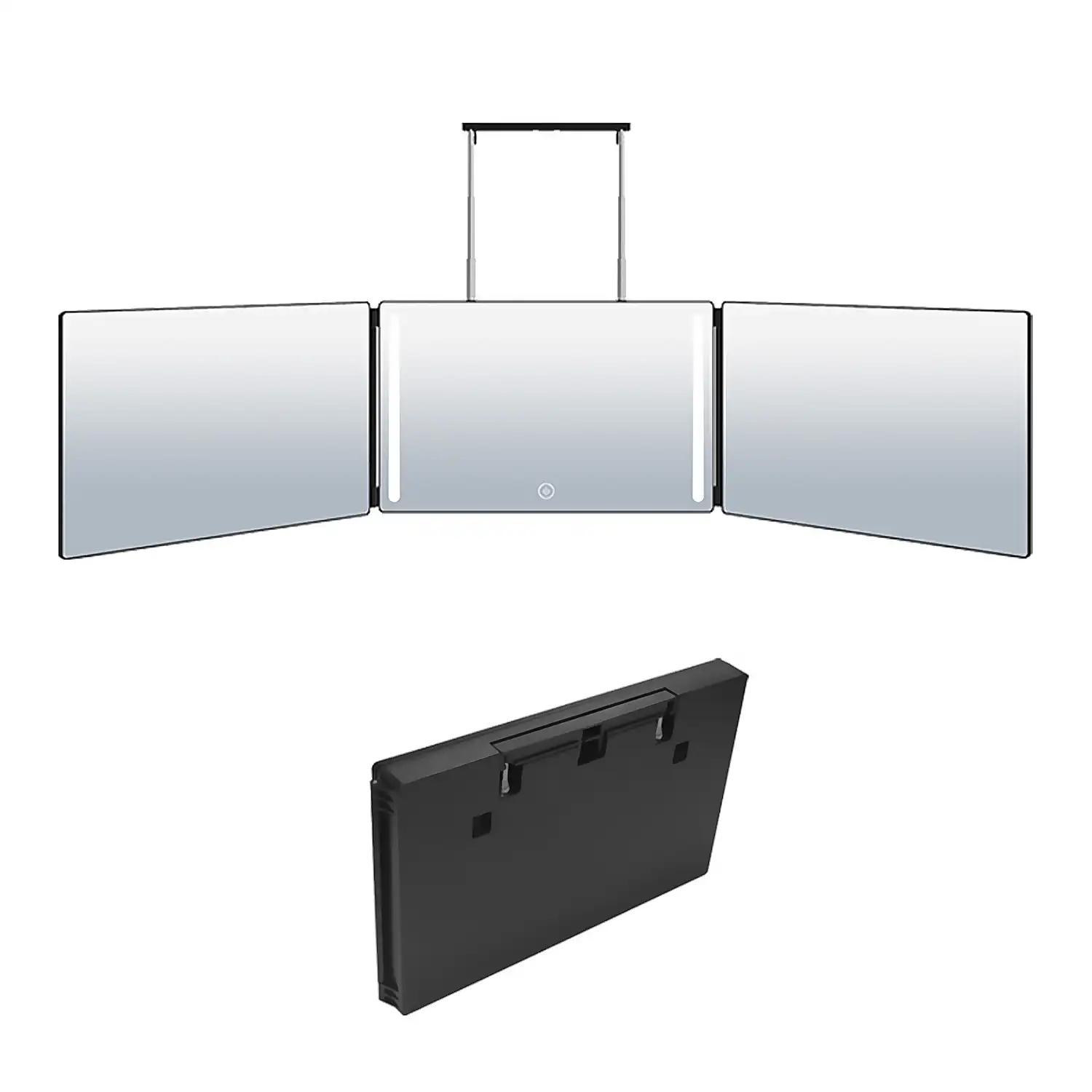 Espejo de maquillaje tríptico plegable, con luz LED. Para uso en mesa o para colgar en puertas, armarios, etc. Batería recargable.