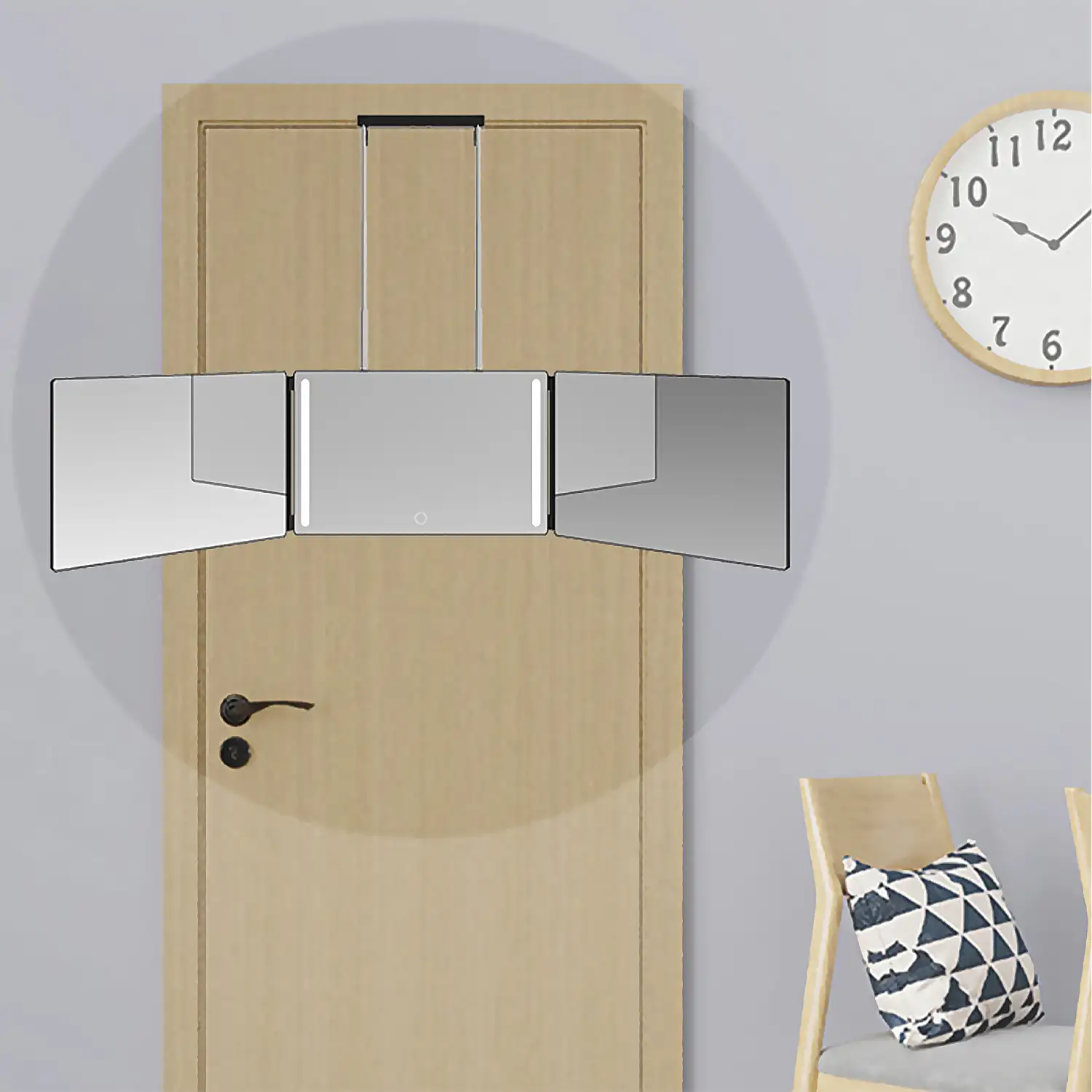 Espejo de maquillaje tríptico plegable, con luz LED. Para uso en mesa o para colgar en puertas, armarios, etc. Batería recargable.
