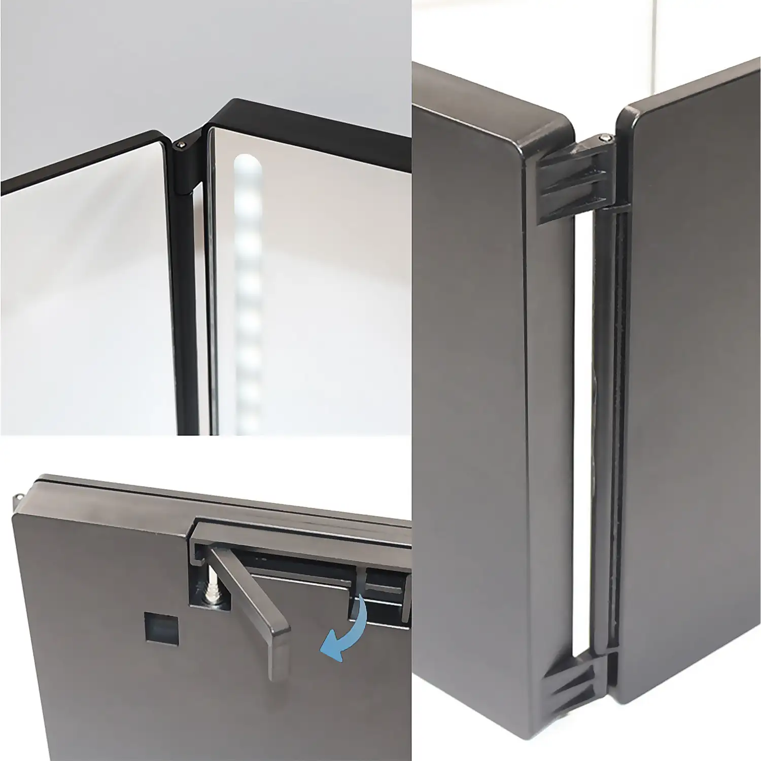 Espejo de maquillaje tríptico plegable, con luz LED. Para uso en mesa o para colgar en puertas, armarios, etc. Batería recargable.