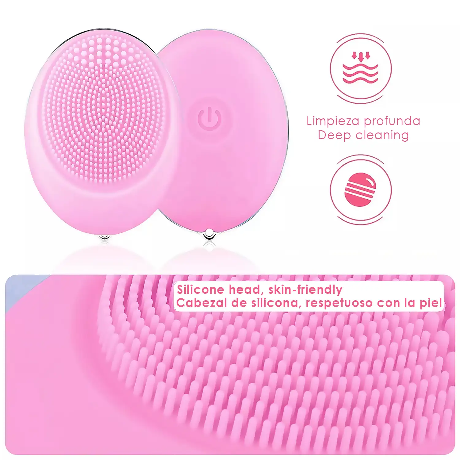 Micro cepillo eléctrico de silicona para la limpieza y masaje facial. Batería incorporada, hasta 110 usos.