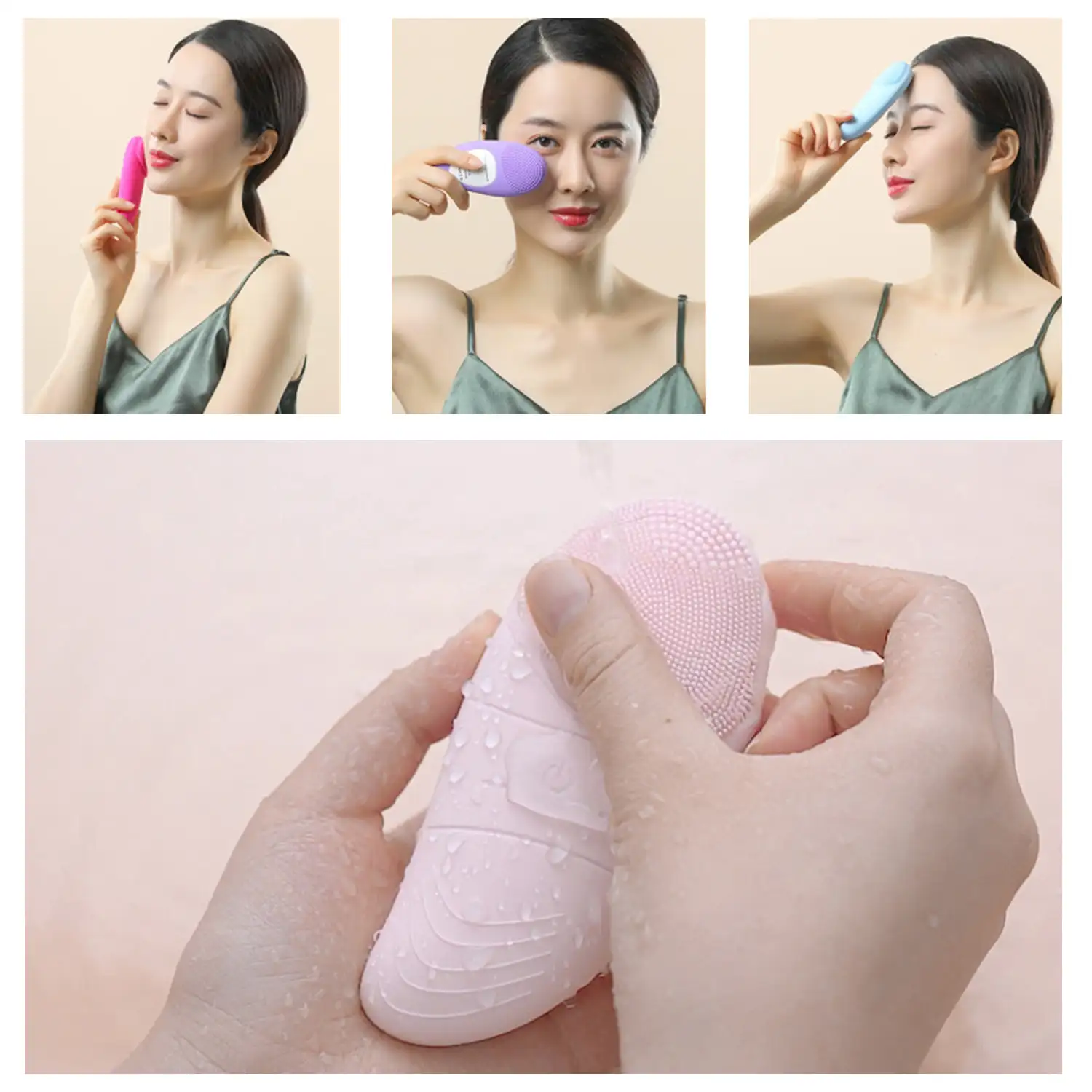 Cepillo de limpieza facial con cabezal de silicona. Masajeador, limpiador y exfoliador. Batería recargable.