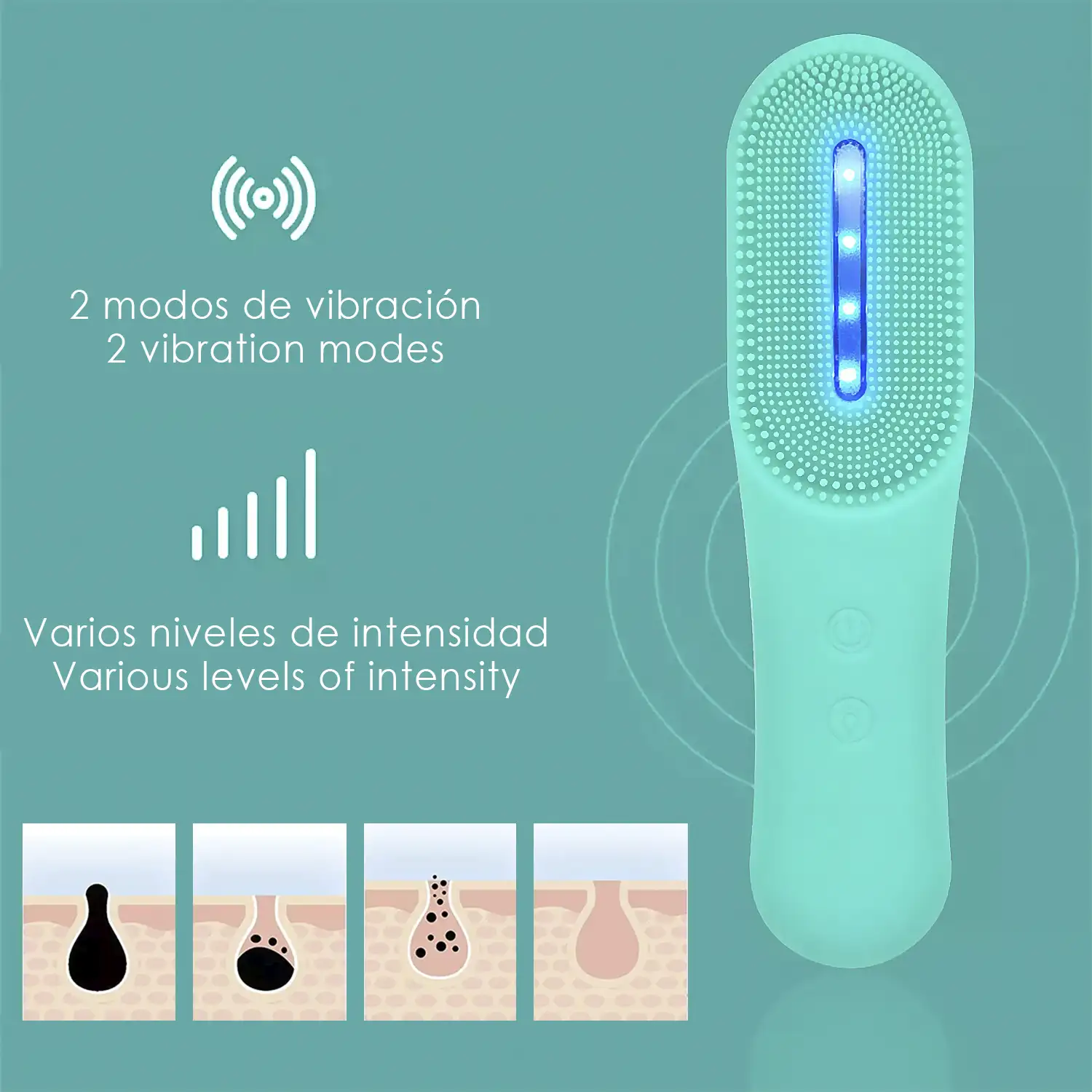 Cepillo limpiador facial de silicona. Tratamiento de luz LED triple, rejuvenecimiento, anti acné, activador de colágeno.