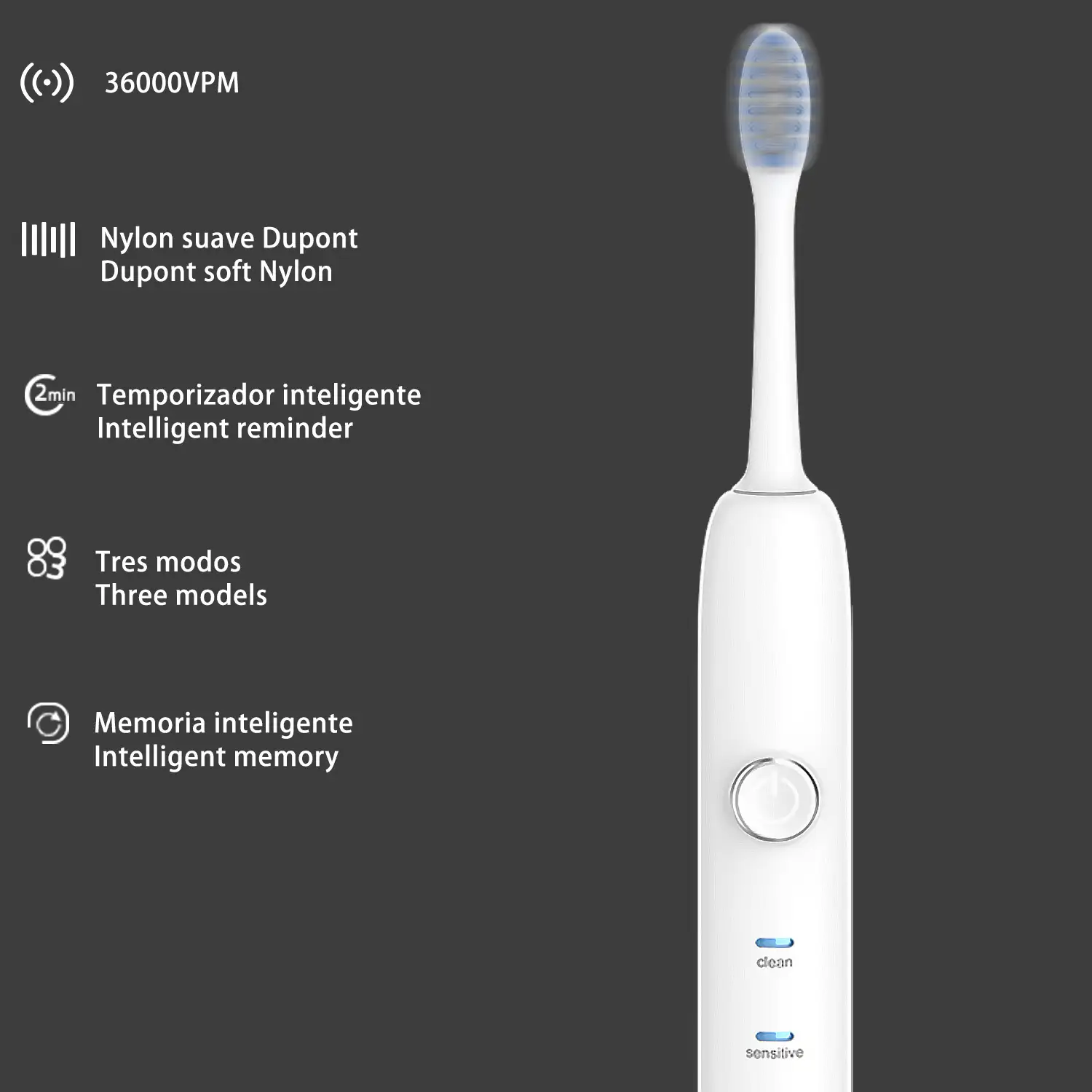 Cepillo de dientes eléctrico con batería recargable y cabezal. 3 modos de uso. Carga inalámbrica inductiva.
