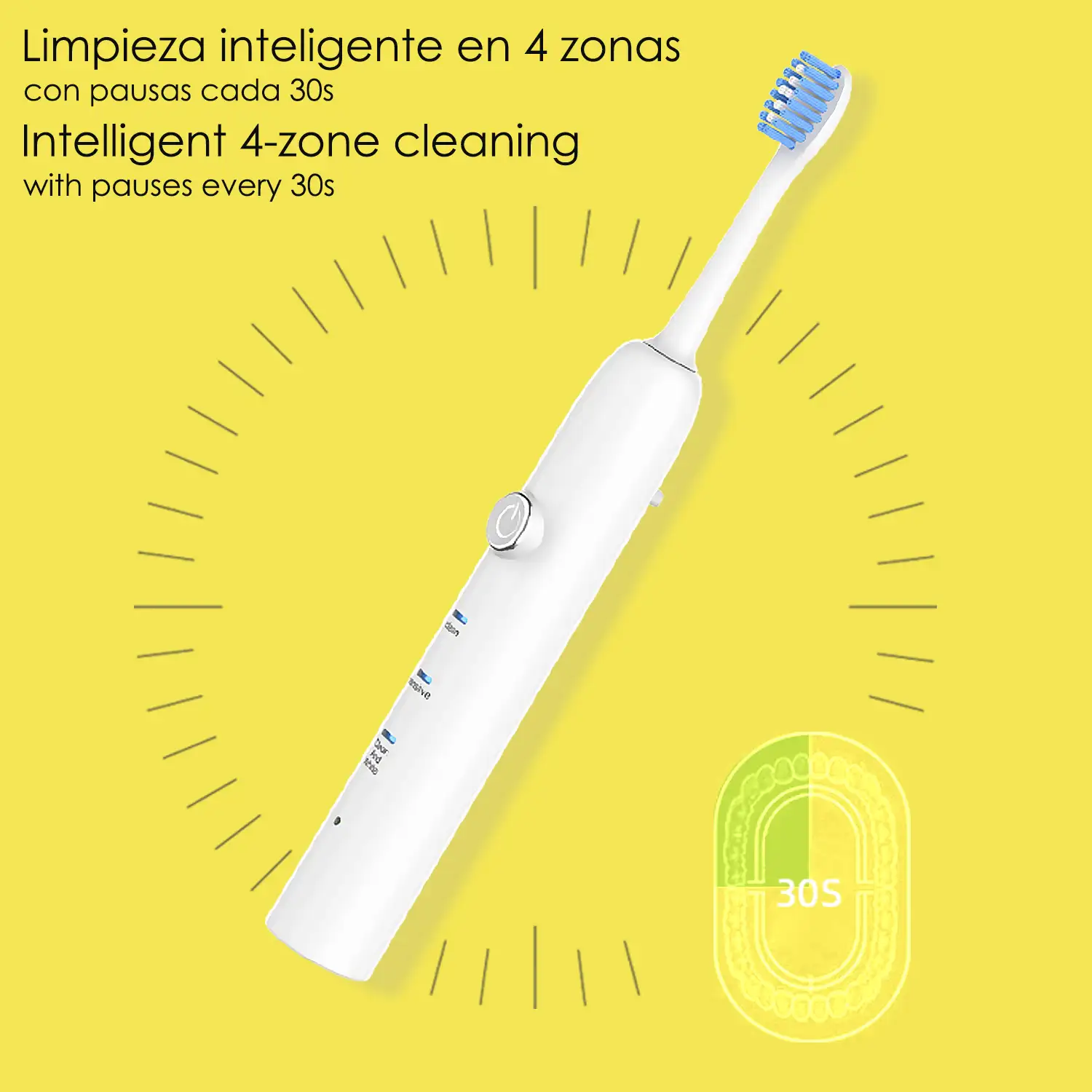 Cepillo de dientes eléctrico con batería recargable y cabezal. 3 modos de uso. Carga inalámbrica inductiva.