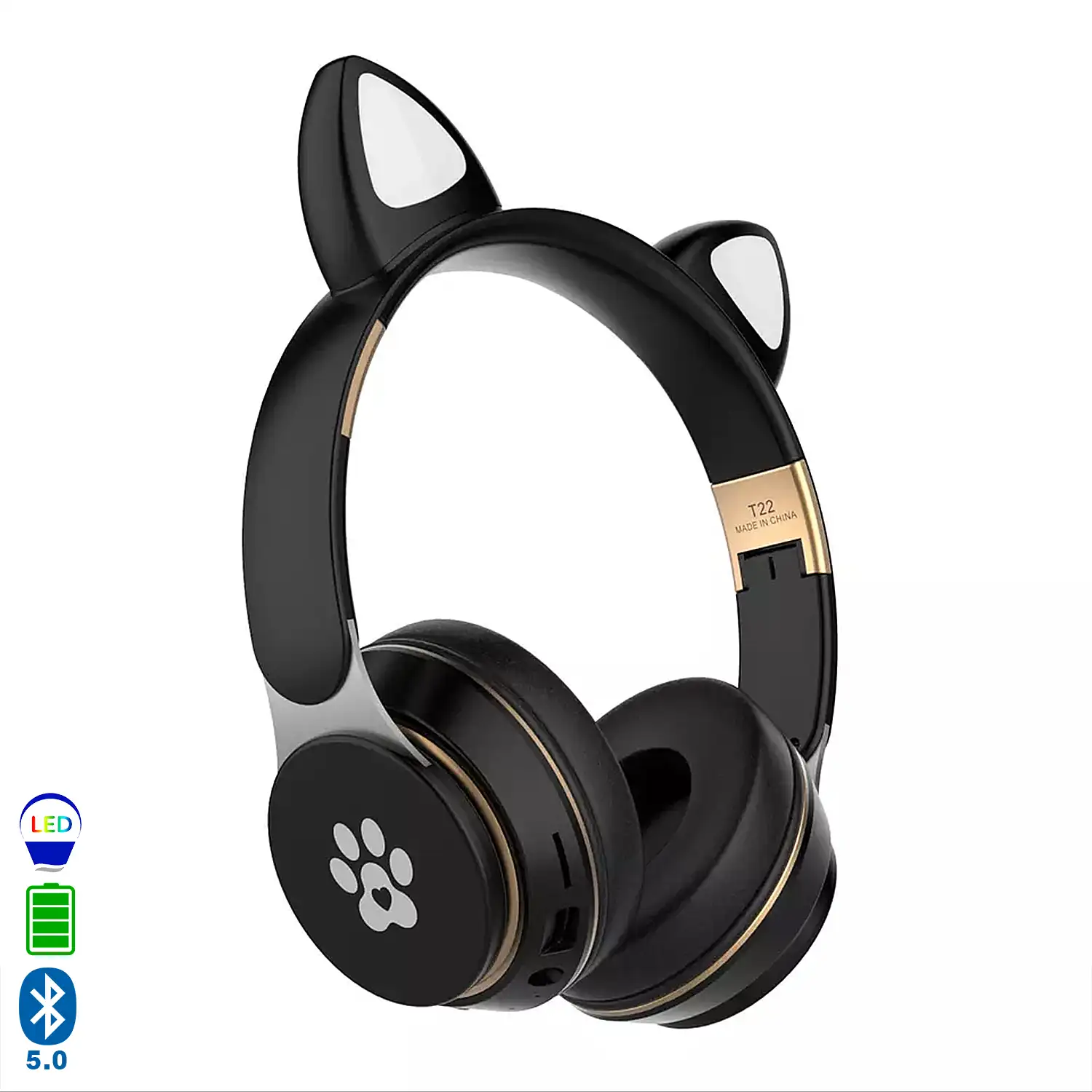 Cascos auriculares infantiles T22 Bluetooth 5.0, con luces led RGB. Supraaurales, lector de tarjetas micro SD, conexión para cable minijack.