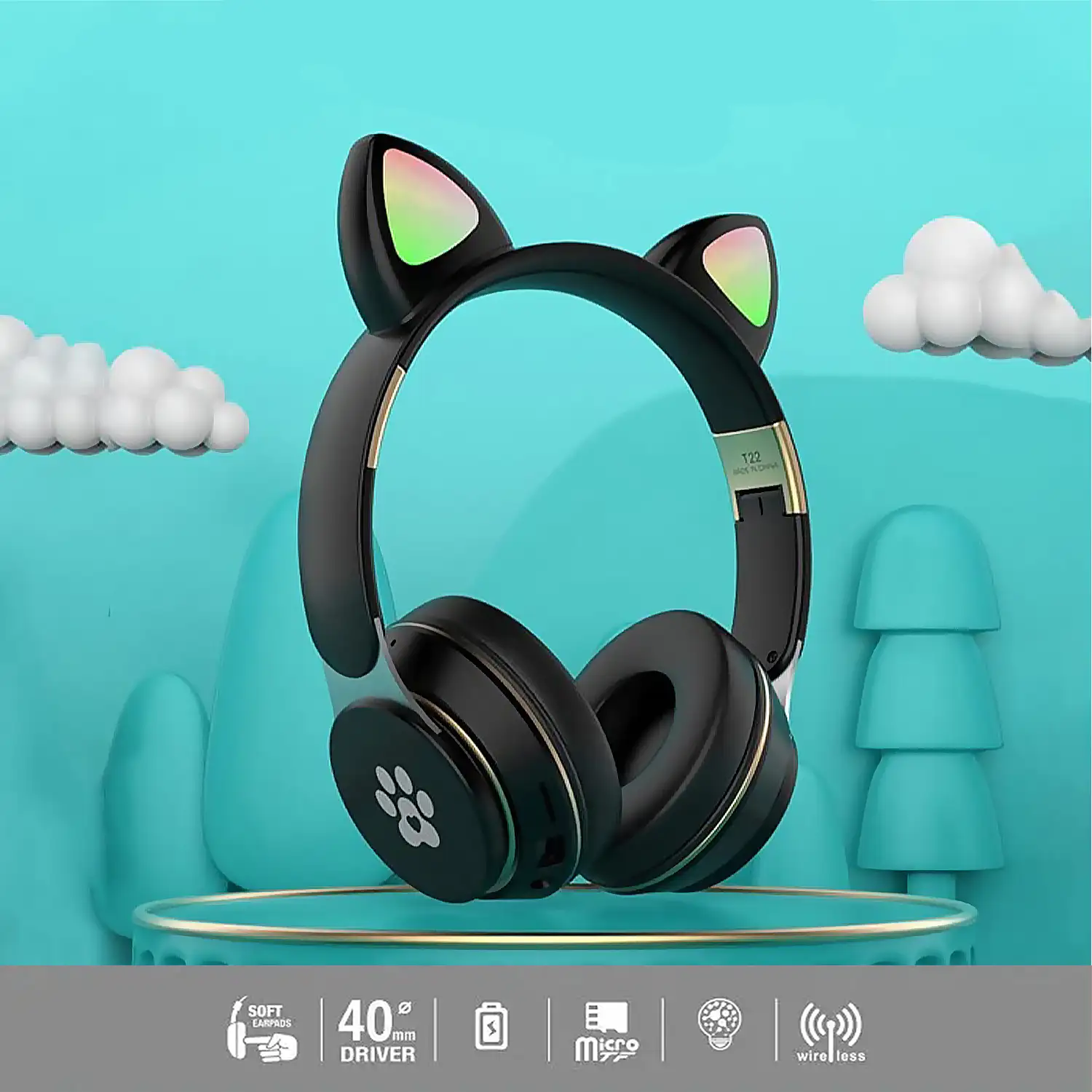 Cascos auriculares infantiles T22 Bluetooth 5.0, con luces led RGB. Supraaurales, lector de tarjetas micro SD, conexión para cable minijack.