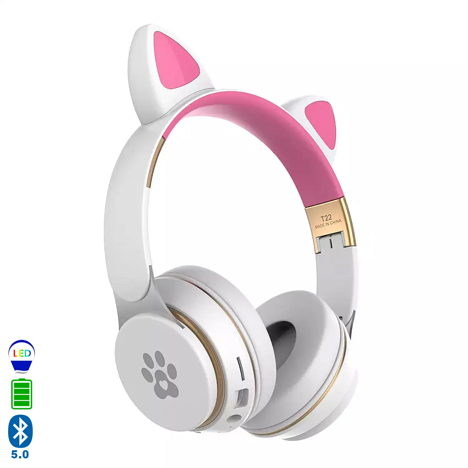 Cascos auriculares infantiles T22 Bluetooth 5.0, con luces led RGB. Supraaurales, lector de tarjetas micro SD, conexión para cable minijack.