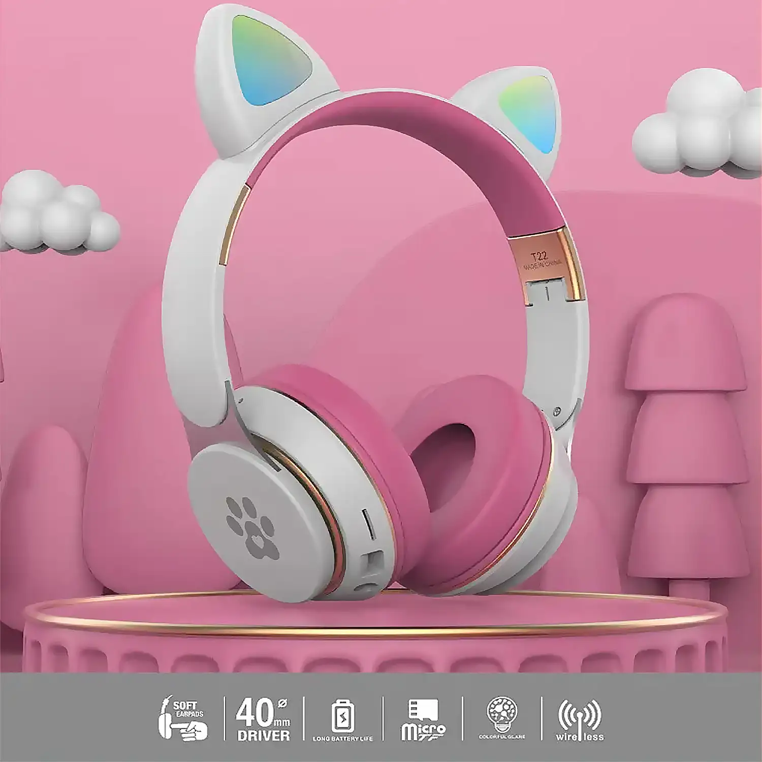 Cascos auriculares infantiles T22 Bluetooth 5.0, con luces led RGB. Supraaurales, lector de tarjetas micro SD, conexión para cable minijack.