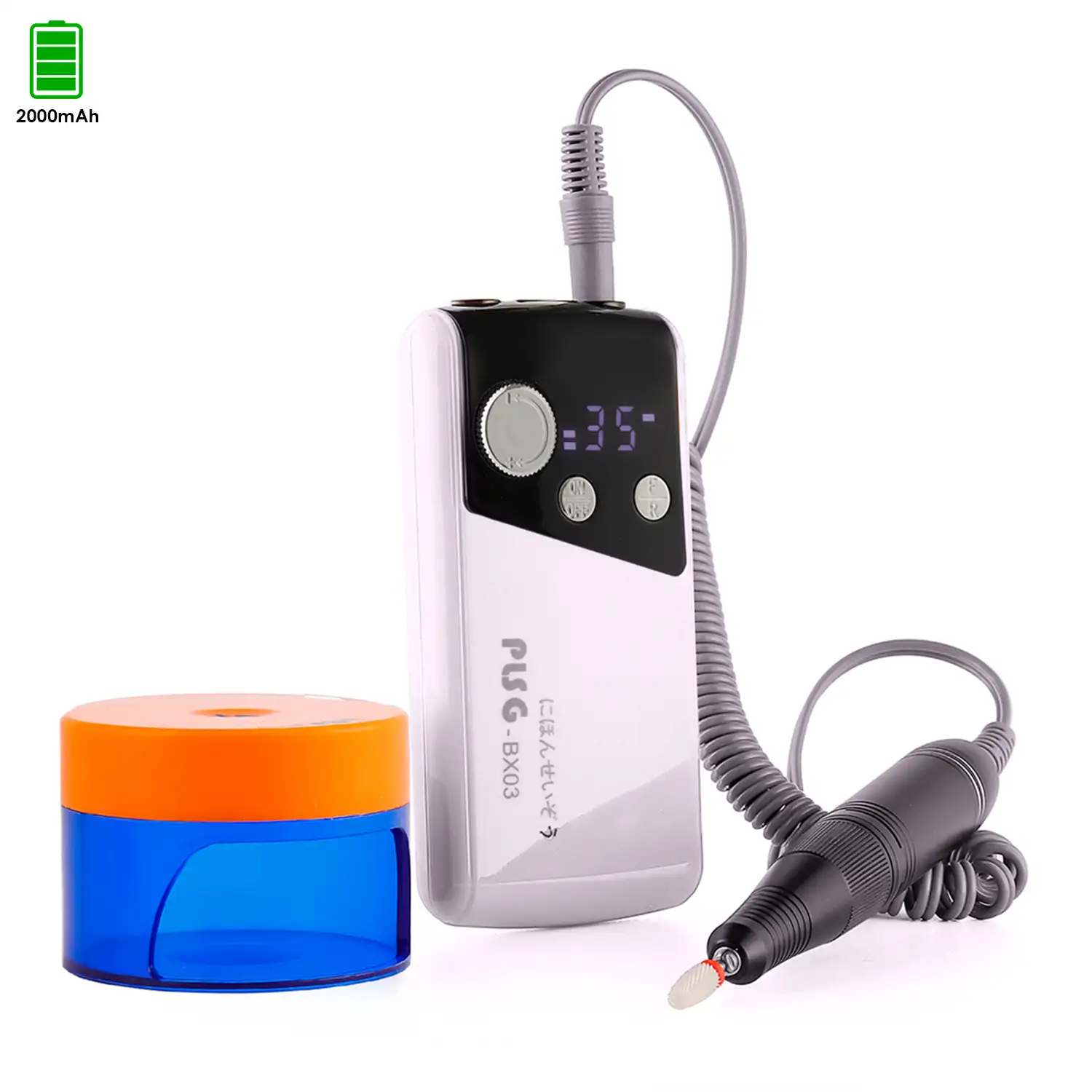 Pulidora de uñas con batería recargable de 2000mAh, hasta 35.000rpm. Velocidad regulable. Incluye 1 cabezal de pulido y lámapara UV de secado.