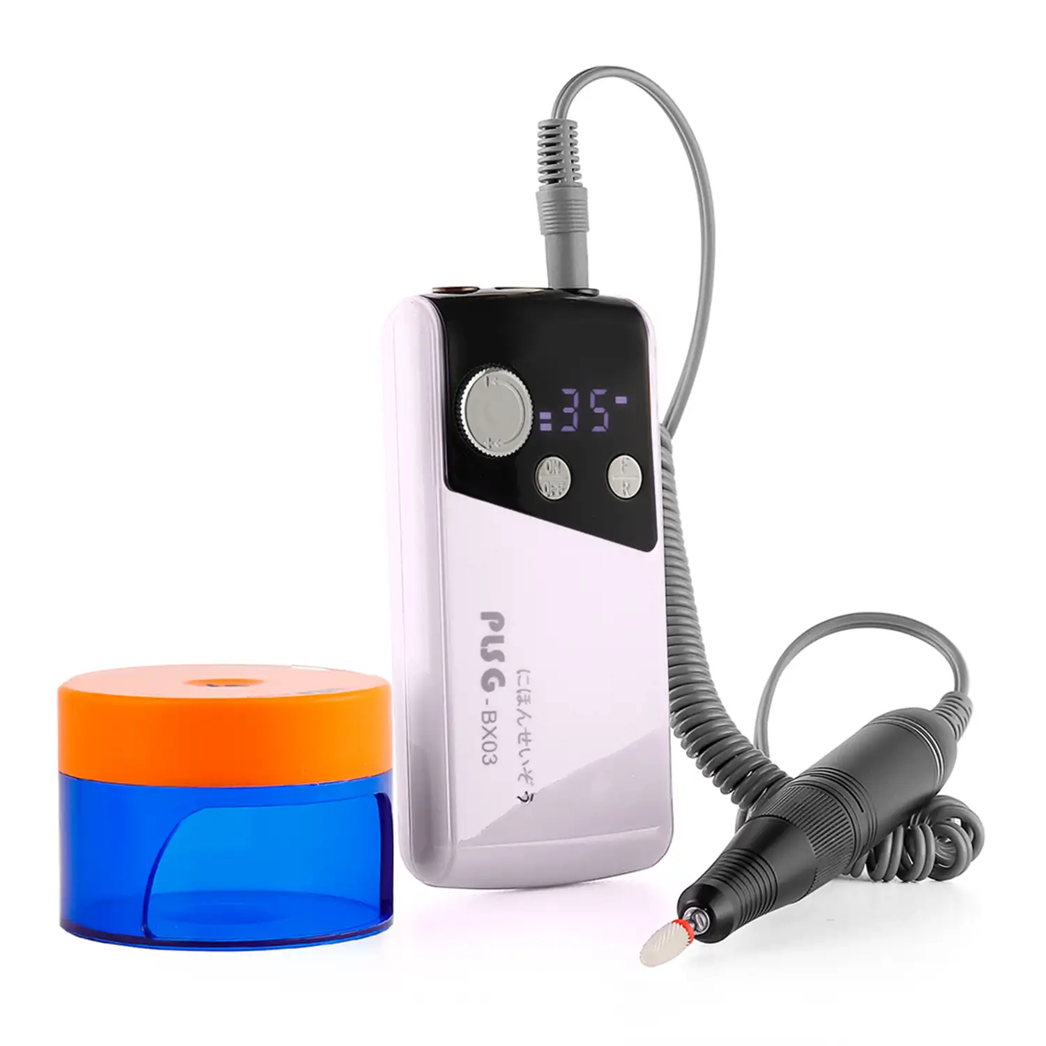 Pulidora de uñas con batería recargable de 2000mAh, hasta 35.000rpm. Velocidad regulable. Incluye 1 cabezal de pulido y lámapara UV de secado.